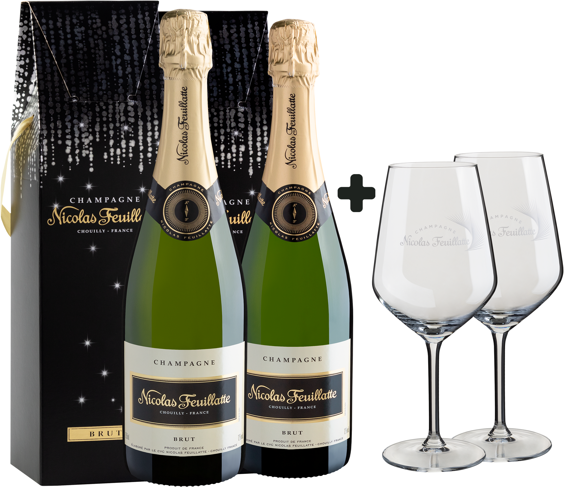 Kit 2 Champagne Nicolas Feuillatte Brut + 2 Taças de Cristal Grátis