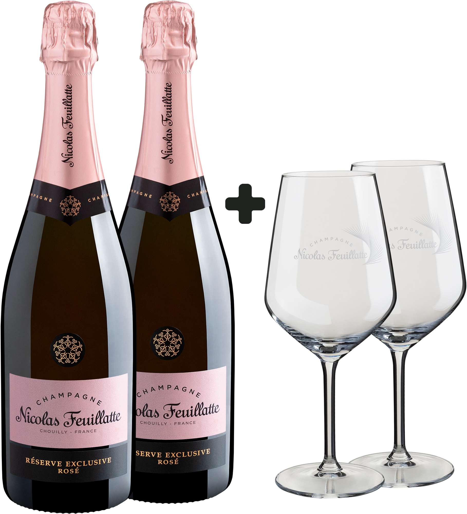 Kit 2 Champagne Nicolas Feuillatte Réserve Exclusive Rosé + 2 Taças de Cristal Grátis