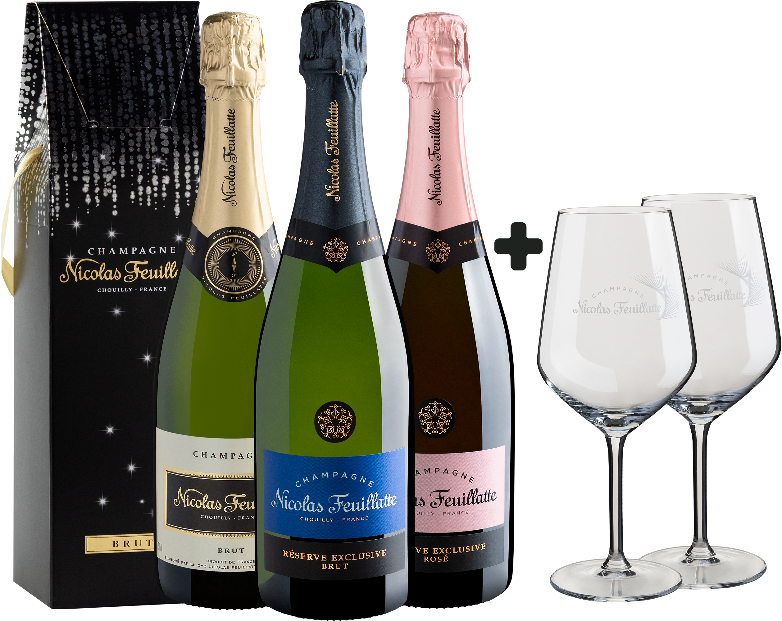 Kit 3 Família Nicolas Feuillatte + 2 Taças de Cristal Grátis