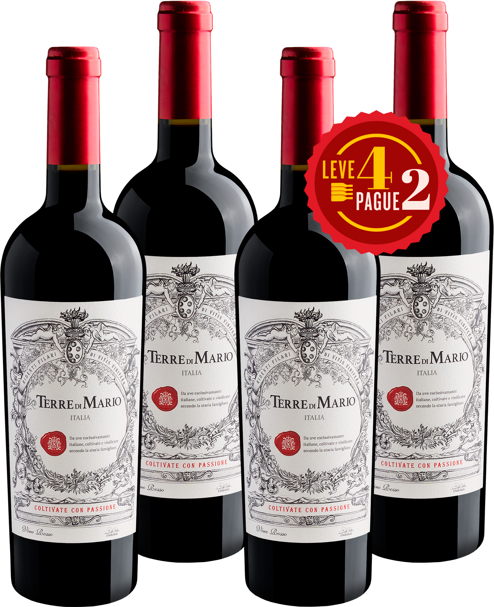 Kit Loucura do Gênio: Leve 4 e Pague 2 Terre di Mario Vino Rosso-Abboccato | R$39,95 por garrafa