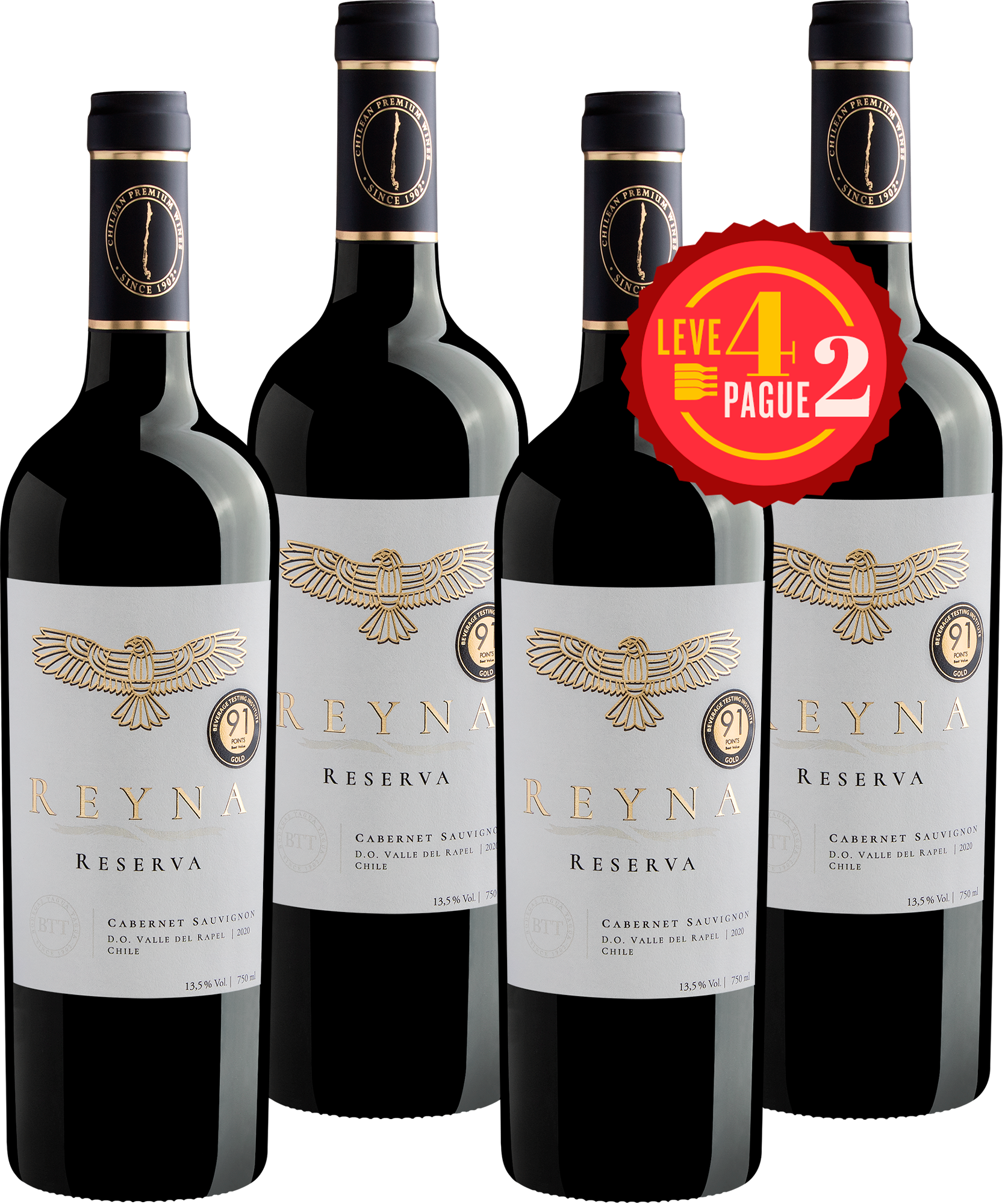 Kit Leve 4 Pague 2: Reyna Reserva Cabernet Sauvignon Valle del Rapel D.O. 2020