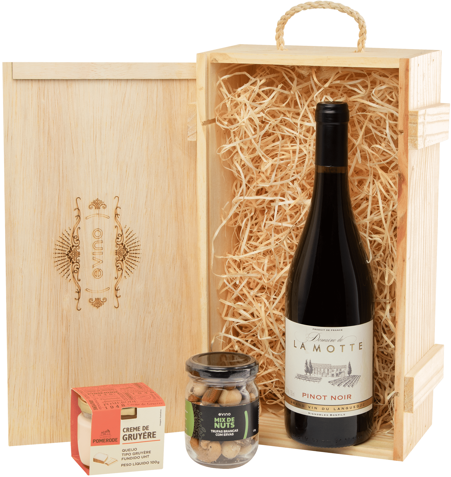 Kit Pinot Noir + Aperitivos + Caixa de Madeira