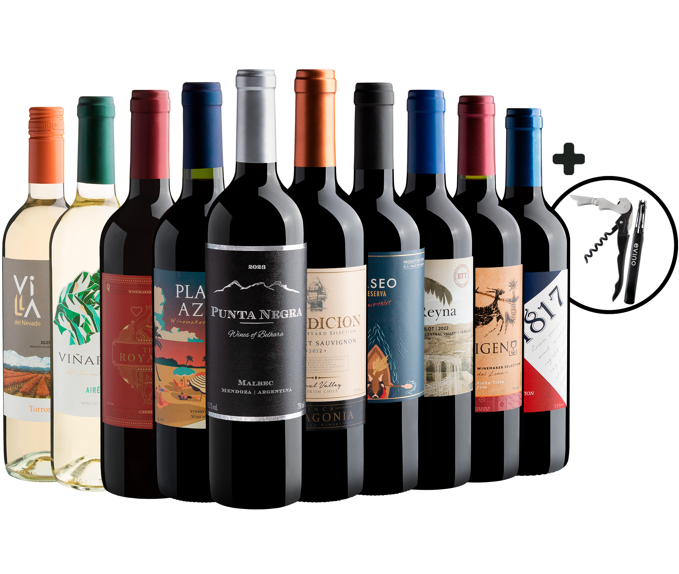Kit 10 Vinhos por R$28,90 cada garrafa + Saca-Rolhas + 2 Taças + Frete Grátis*