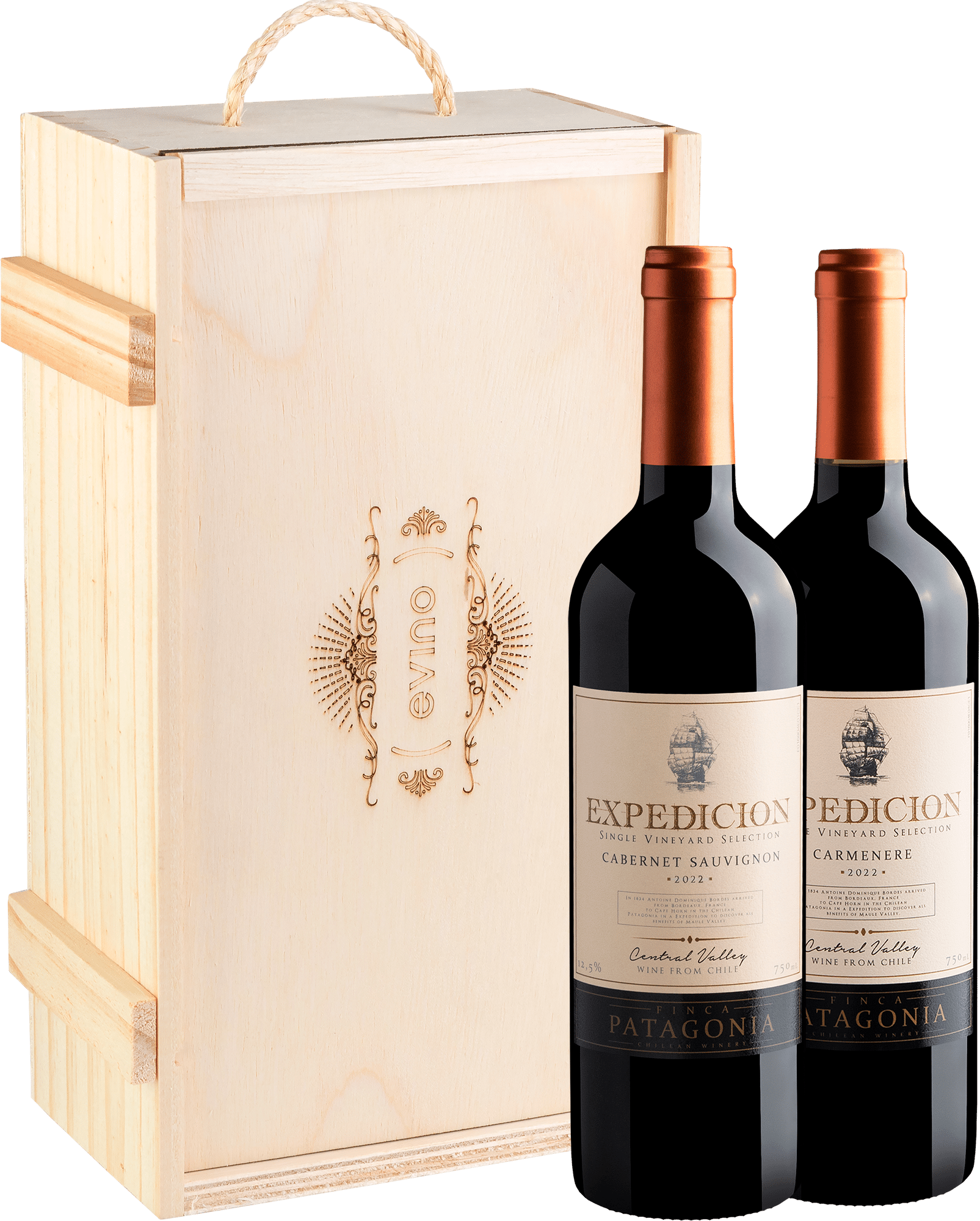 Kit Expedicion: 1 Cabernet Sauvignon + 1 Carménère + Caixa de Madeira
