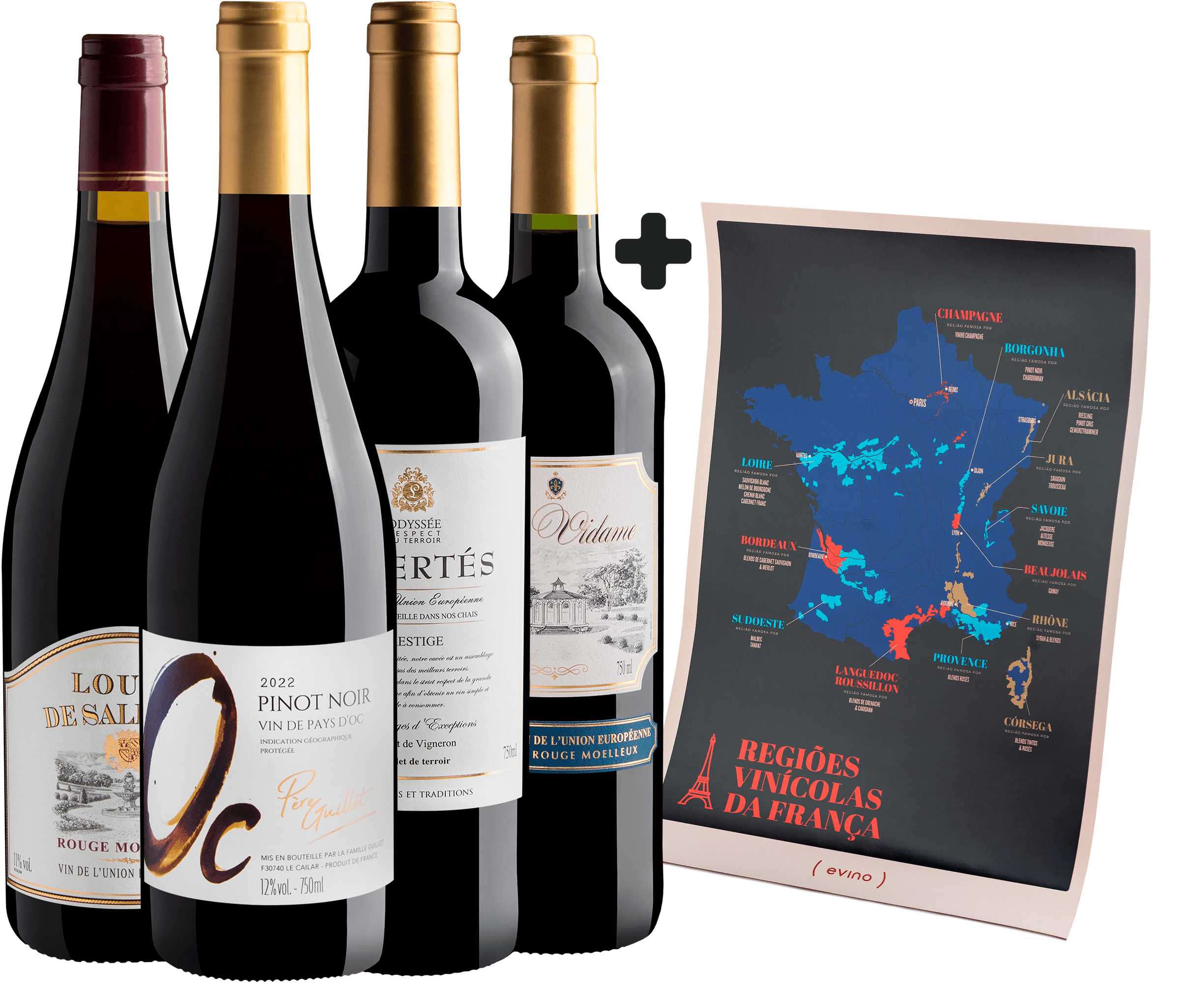 Kit 4 Vinhos Franceses + Pôster Regiões Vinícolas da França