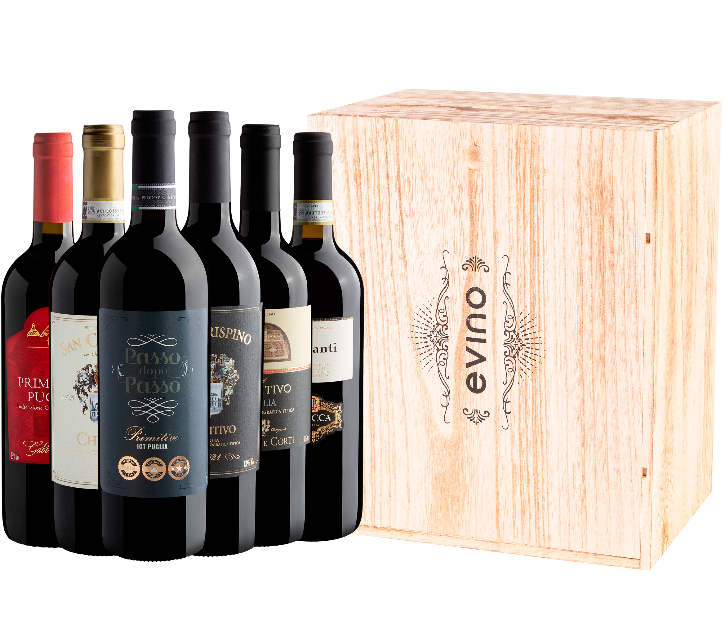 Kit Primitivo e Chianti | 6 garrafas + Caixa de Madeira Exclusiva