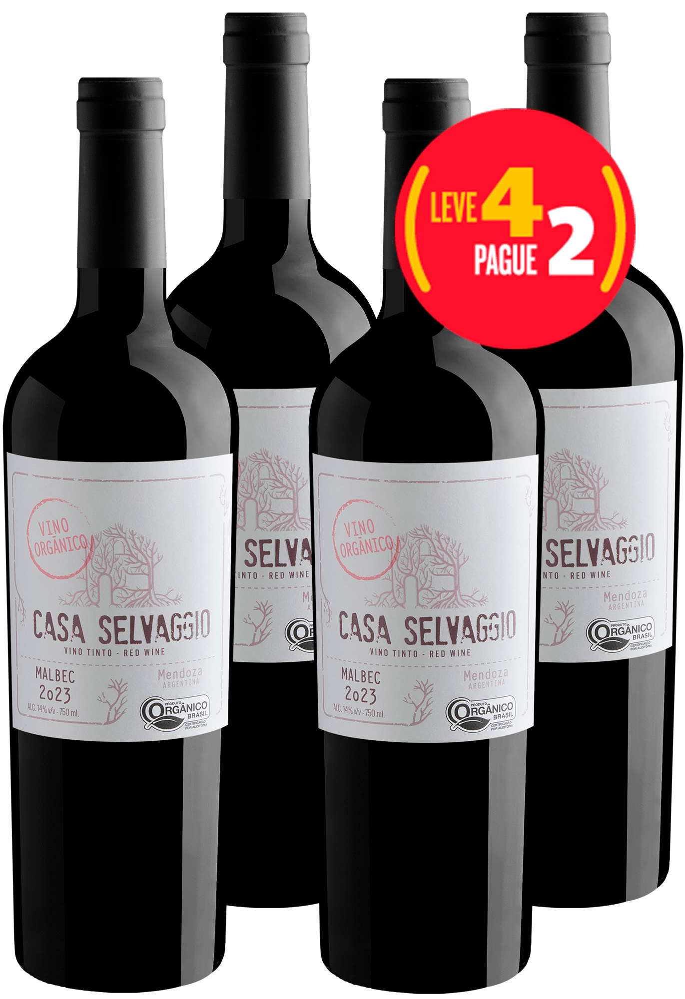 Kit Leve 4 Pague 2 Casa Selvaggio Malbec Vino Orgânico