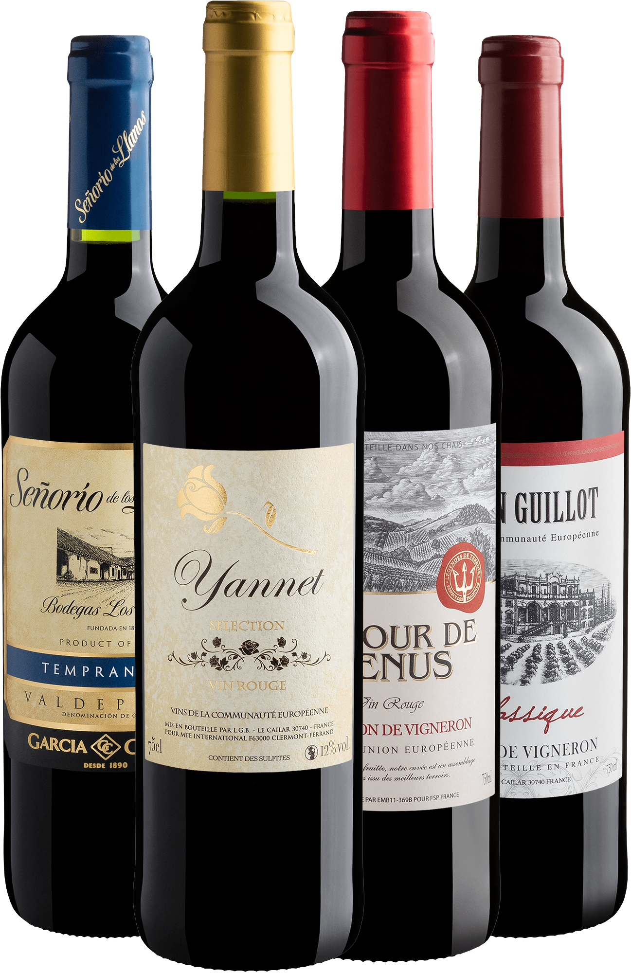 Kit 4 Vinhos Europeus por R$28,90 cada garrafa