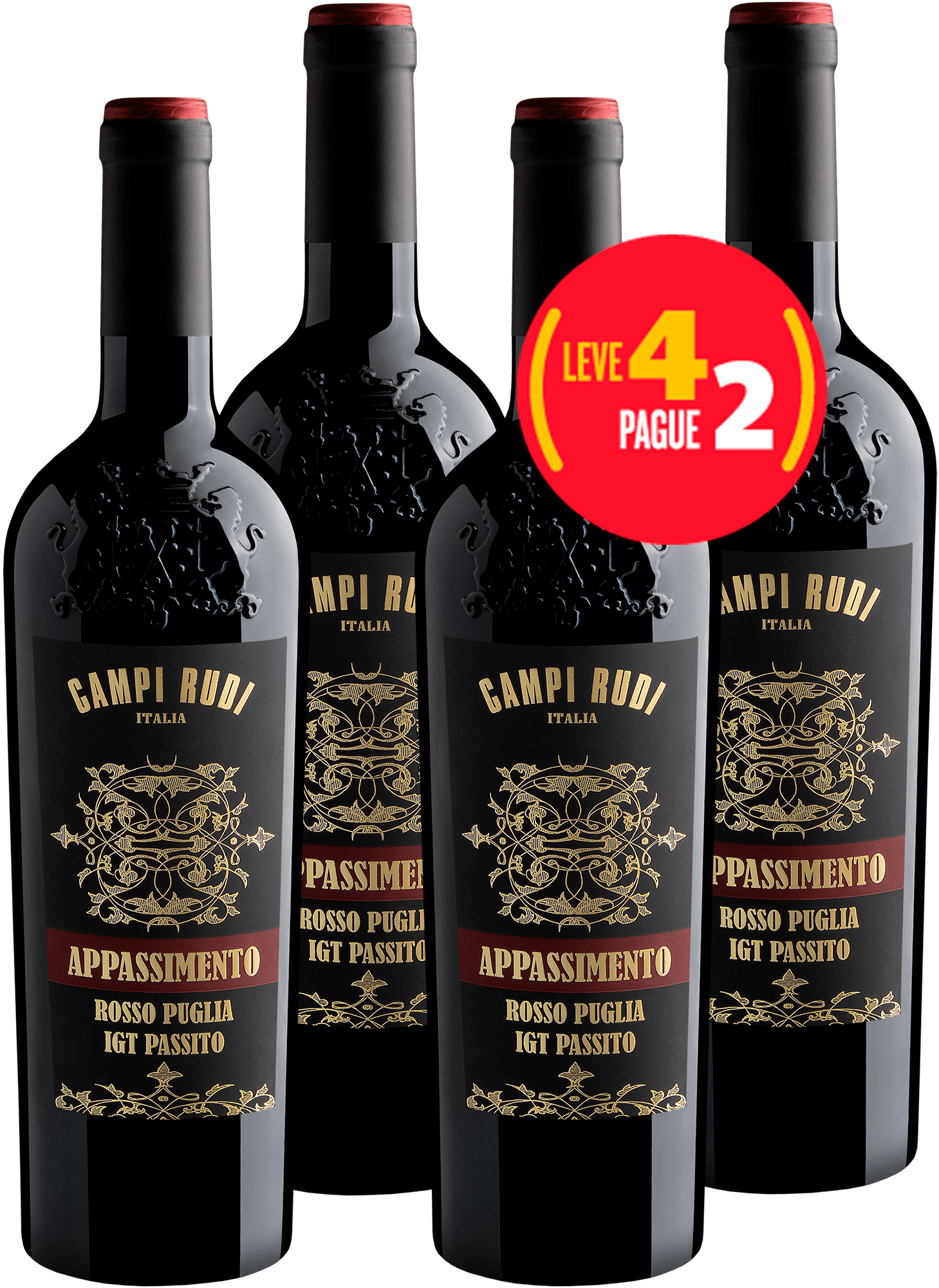 Leve 4 Pague 2 Campi Rudi Appassimento Rosso Puglia Passito IGT por R$79,95 cada garrafa