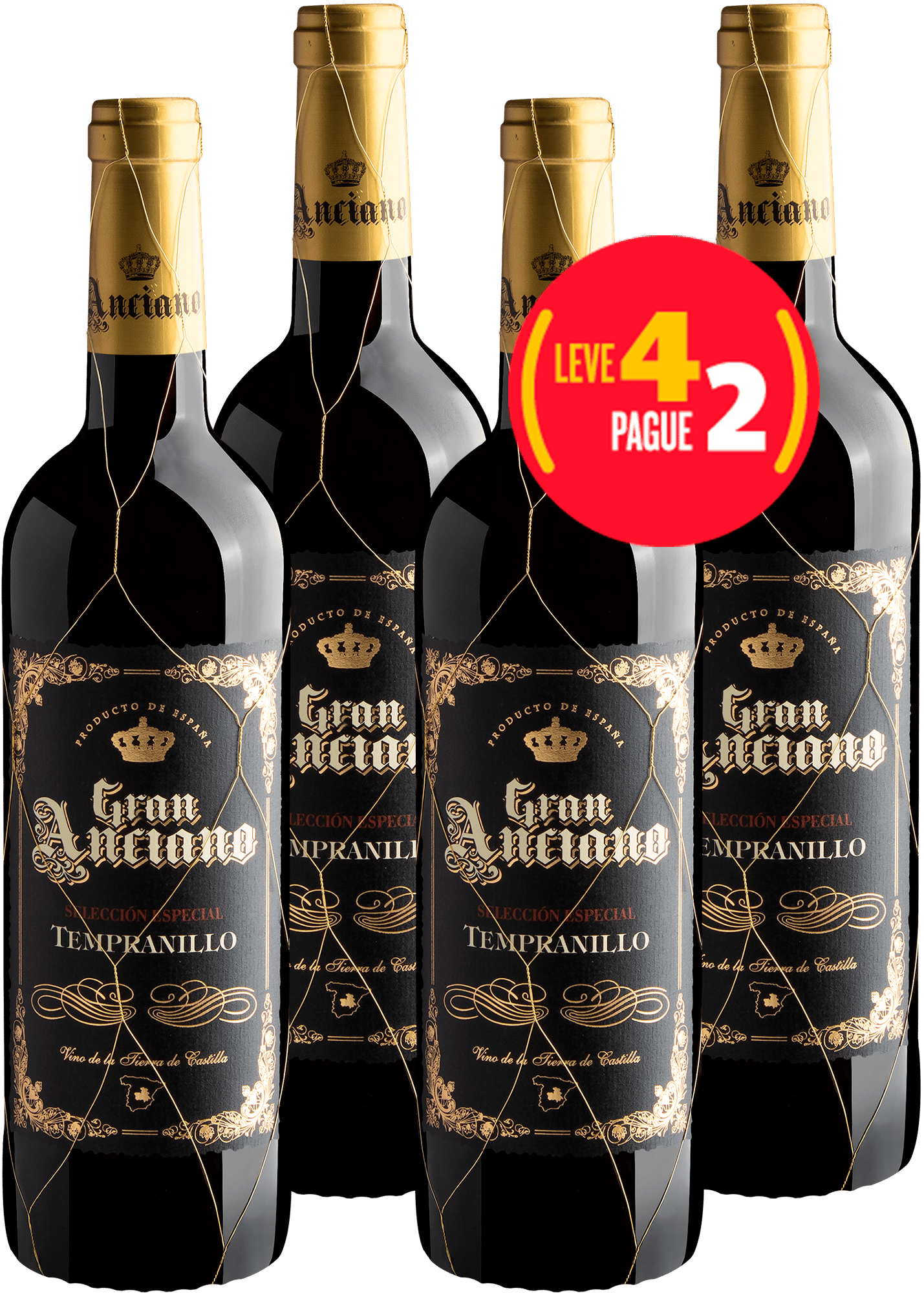 Kit Leve 4 Pague 2 Gran Anciano Selección Especial Tempranillo | R$59,95 cada garrafa
