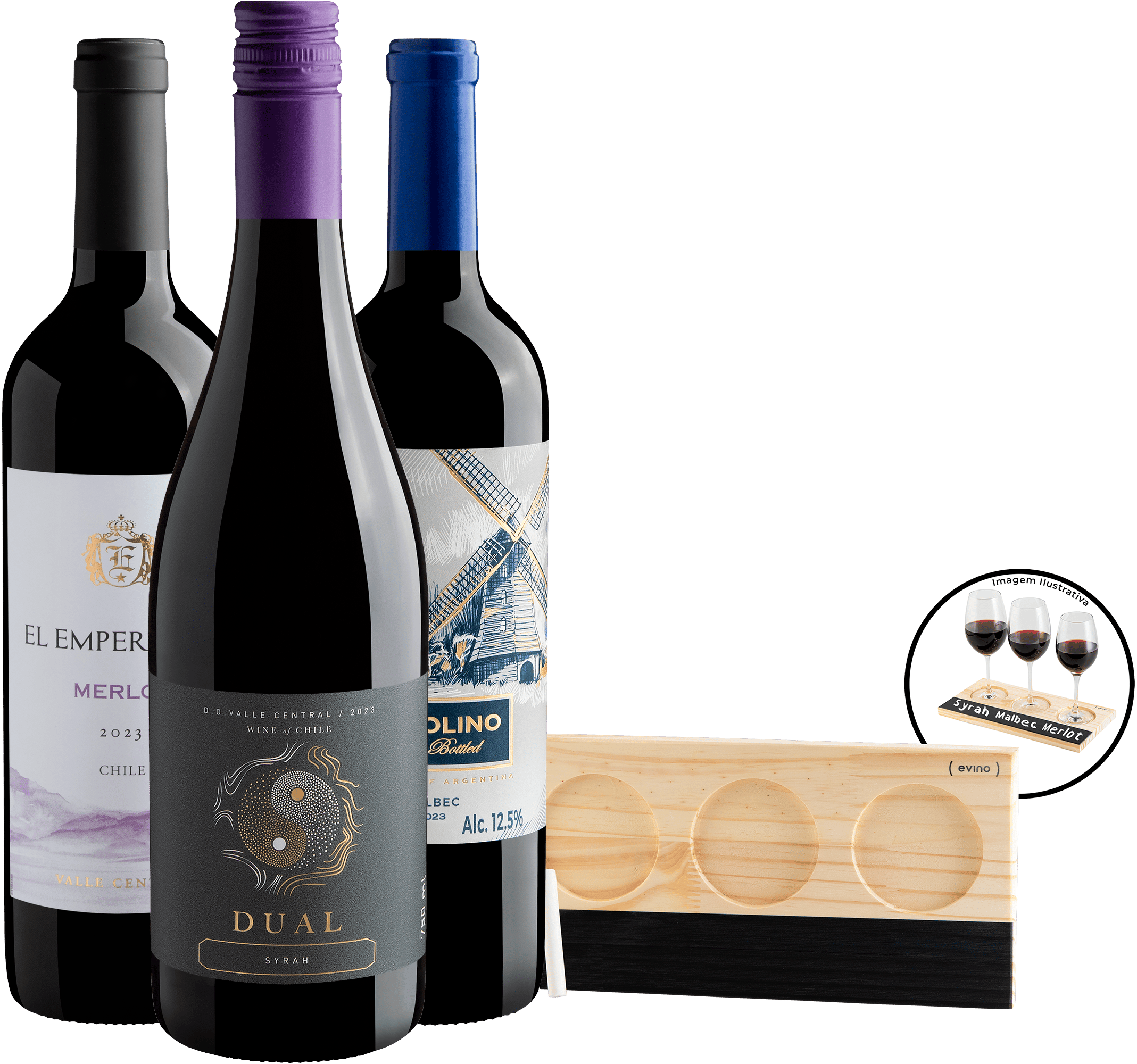 Kit 1 Syrah + 1 Malbec + 1 Merlot + Suporte Para Degustação