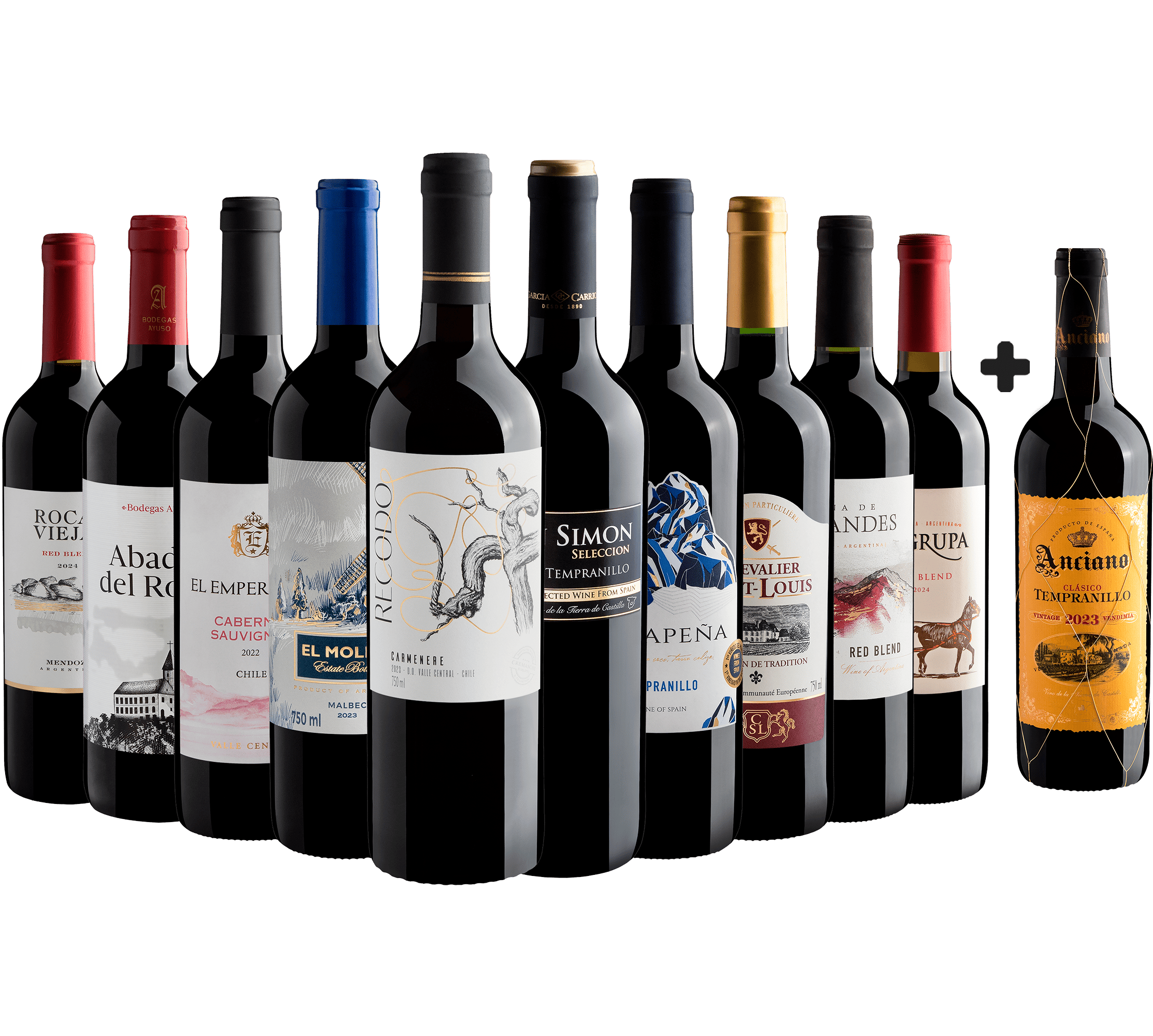 Kit 10 Tintos por R$29,90 cada garrafa + 1 Anciano Tempranillo Grátis