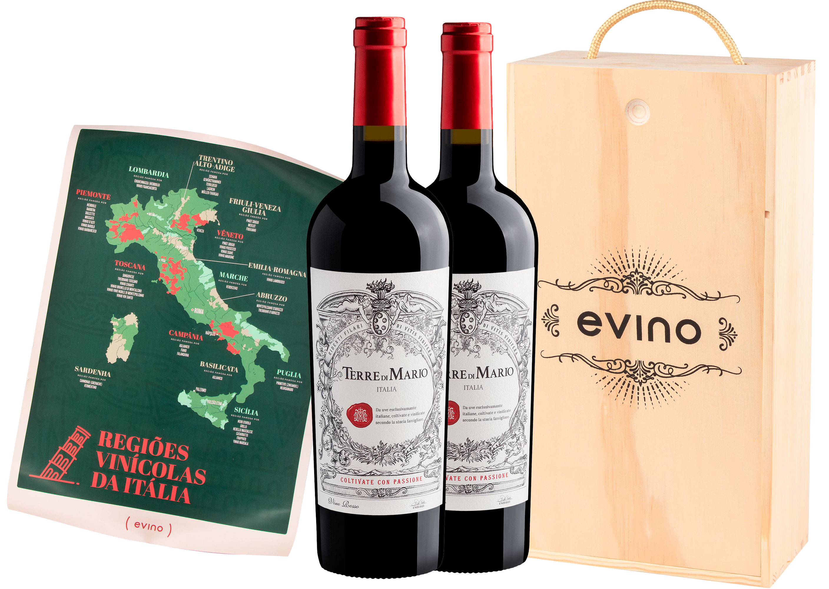 Kit Itália Icônica | 2 Terre di Mario Vino Rosso-Abboccato + Pôster Regiões Vinícolas + Caixa de Madeira