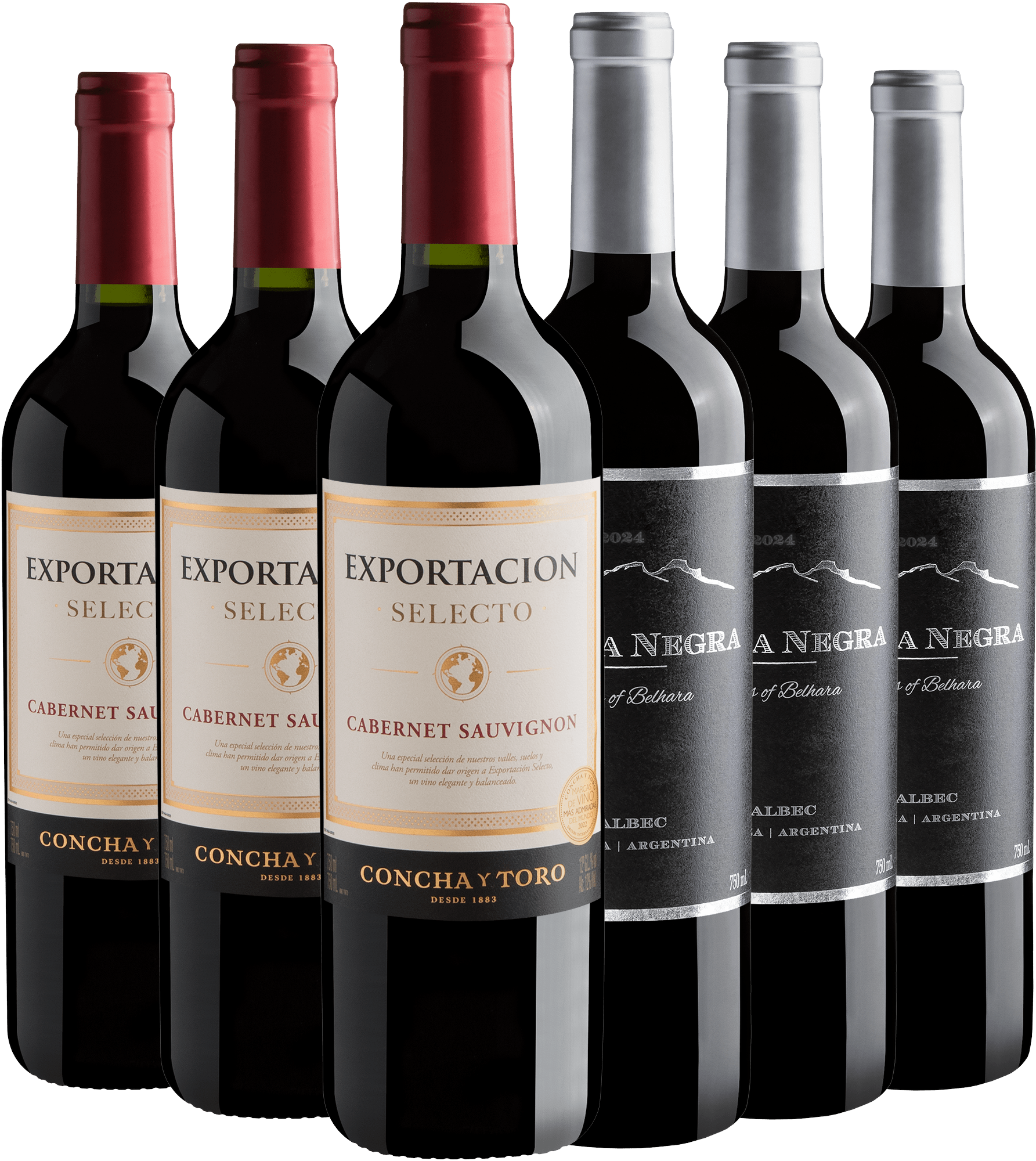 Kit 3 Concha y Toro Exportacion Cabernet Sauvignon + 3 Punta Negra Malbec por R$29,90 cada garrafa*