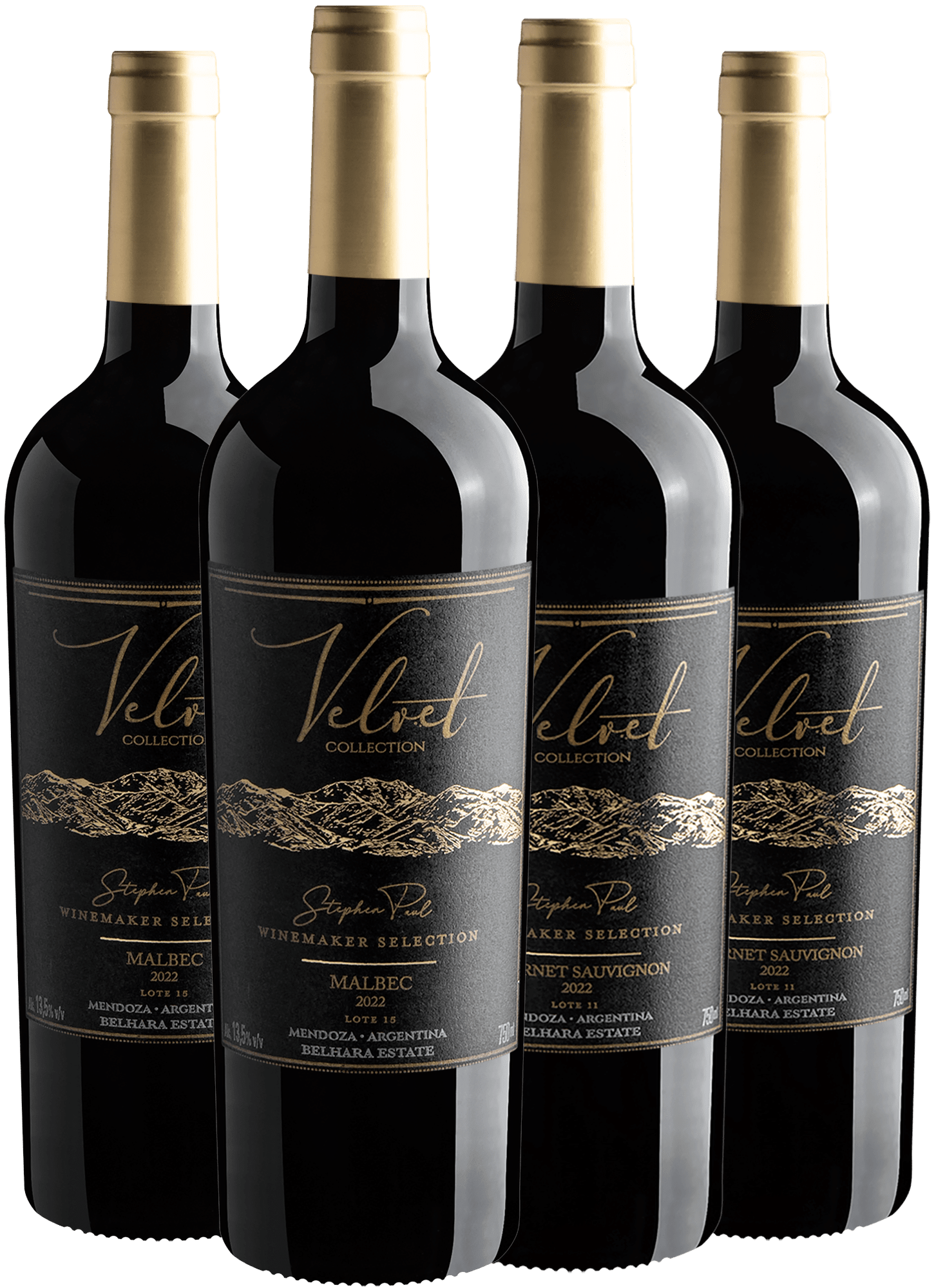 Kit Família Velvet Collection: 2 Malbec Lote 15 + 2 Cabernet Sauvignon Lote 11 por R$49,90 cada garrafa