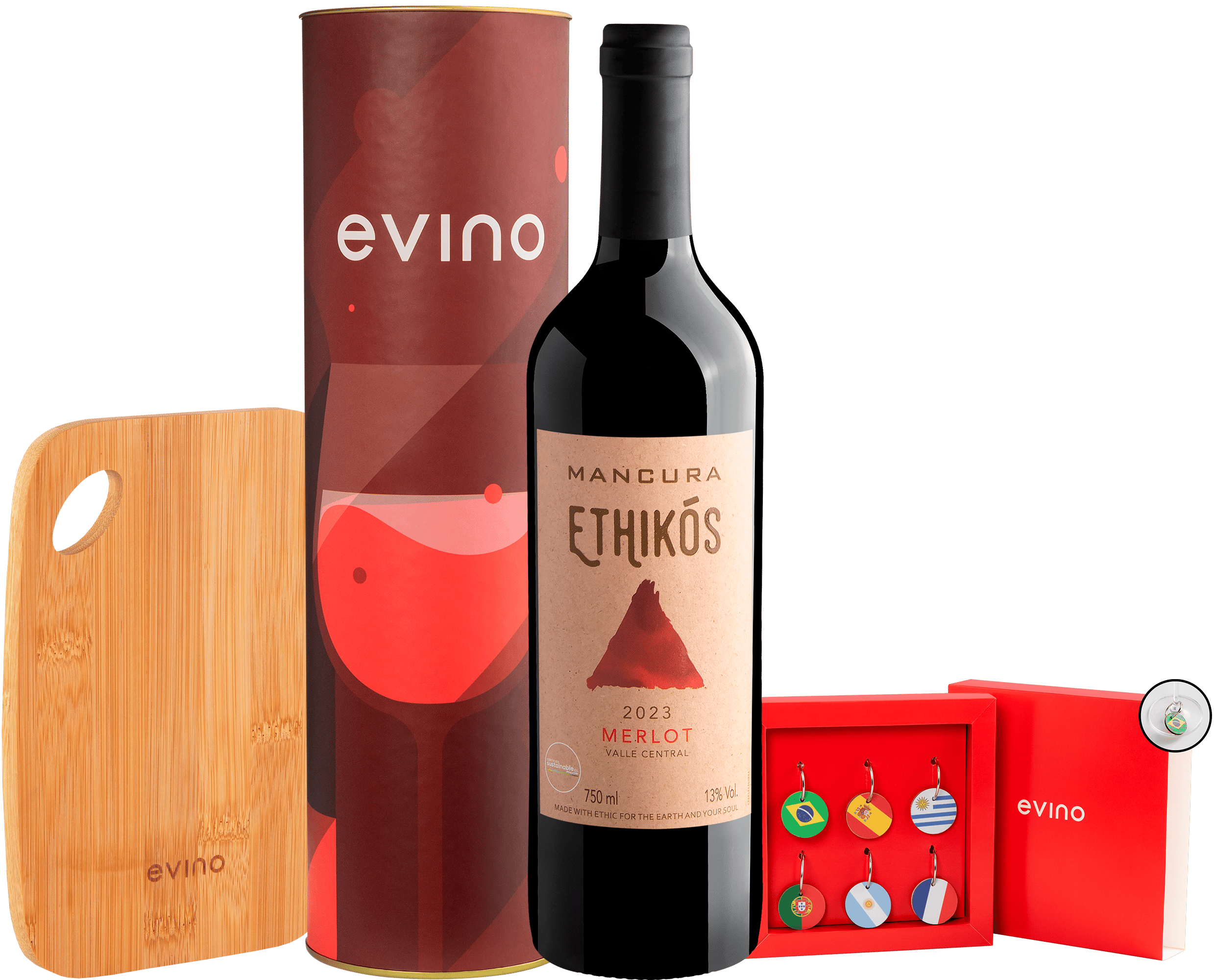 Kit Merlot para Presente| Vinho + Tábua para Frios + Marcadores de Taça + Embalagem Presente