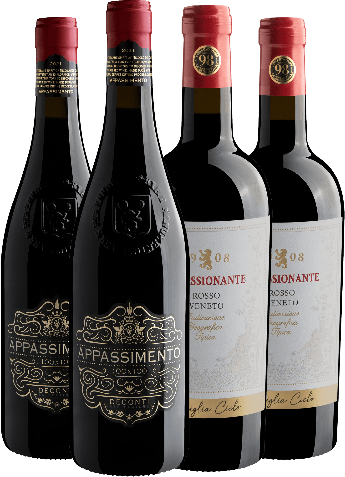 Kit Italianos 98 Pontos | 2 Appassimento 100x100 De’Conti + 2 Famiglia Cielo 1908 por R$99,90 cada garrafa
