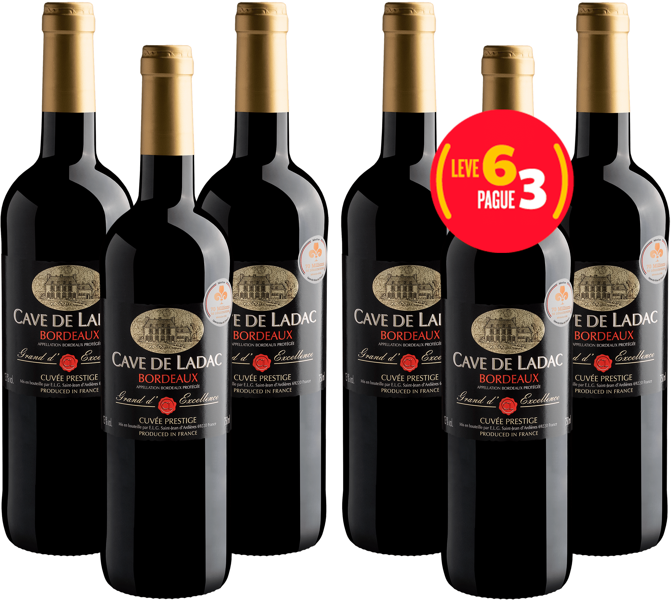 Kit Leve 6 Pague 3 Cave de Ladac Grand d'Excellence Cuvée Prestige Bordeaux AOP