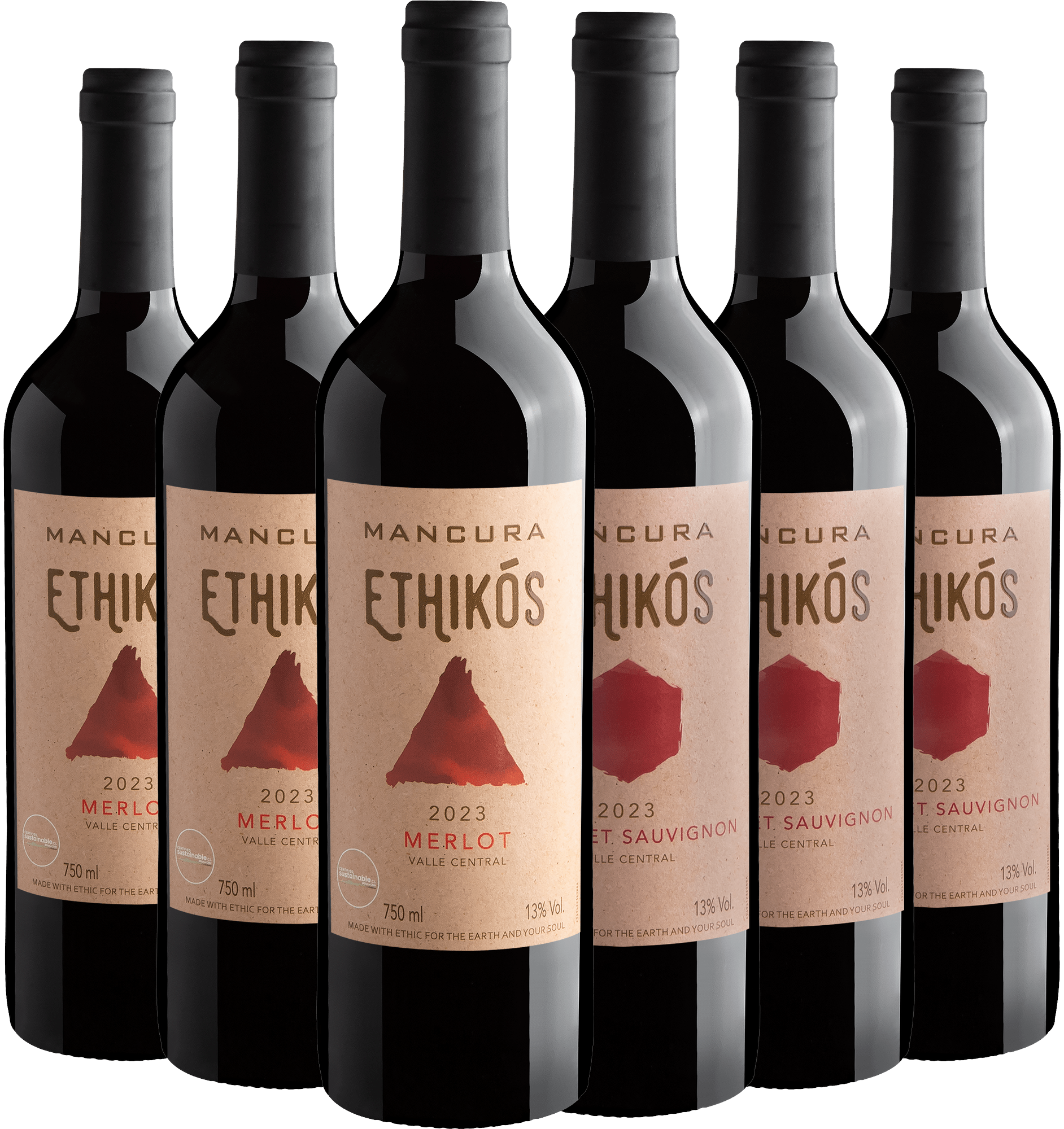 Kit Mancura Ethikós | 3 Merlot + 3 Cabernet Sauvignon por R$31,50 cada garrafa*
