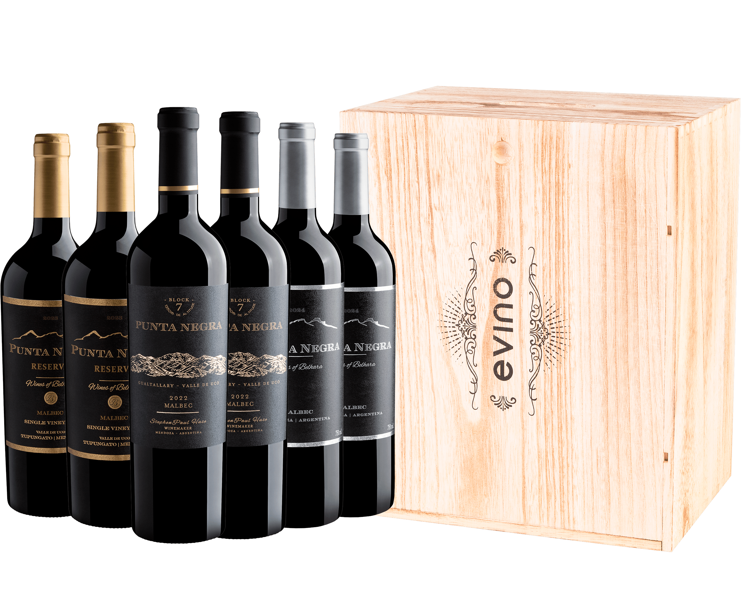 Kit Punta Negra | 2 Block 7 + 2 Reserva + 2 Malbec + 1 Caixa de Madeira