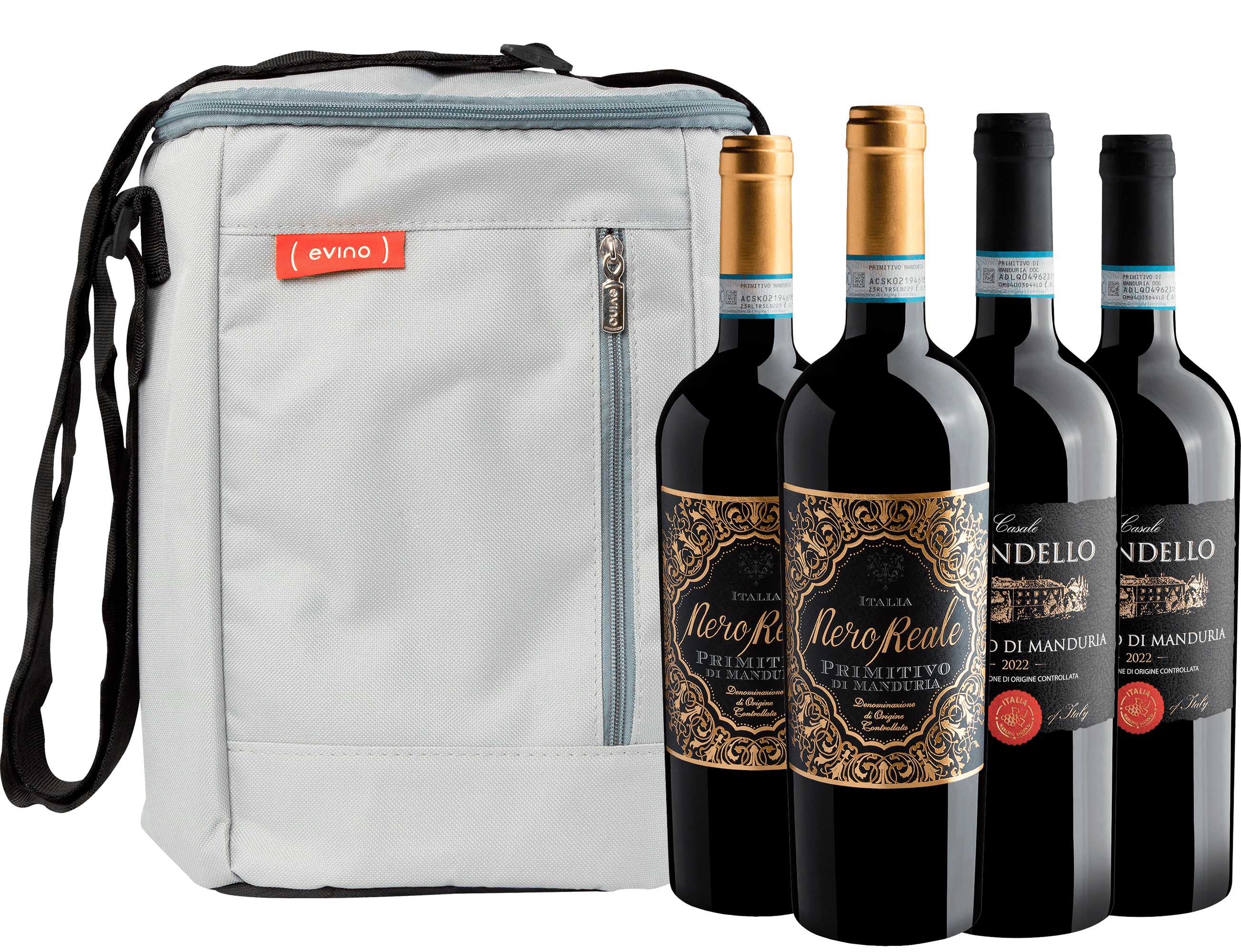 Kit Primitivos di Manduria | 2 Nero Reale + 2 Casale Brondello + por R$104,90 cada garrafa + Bolsa Exclusiva Grátis