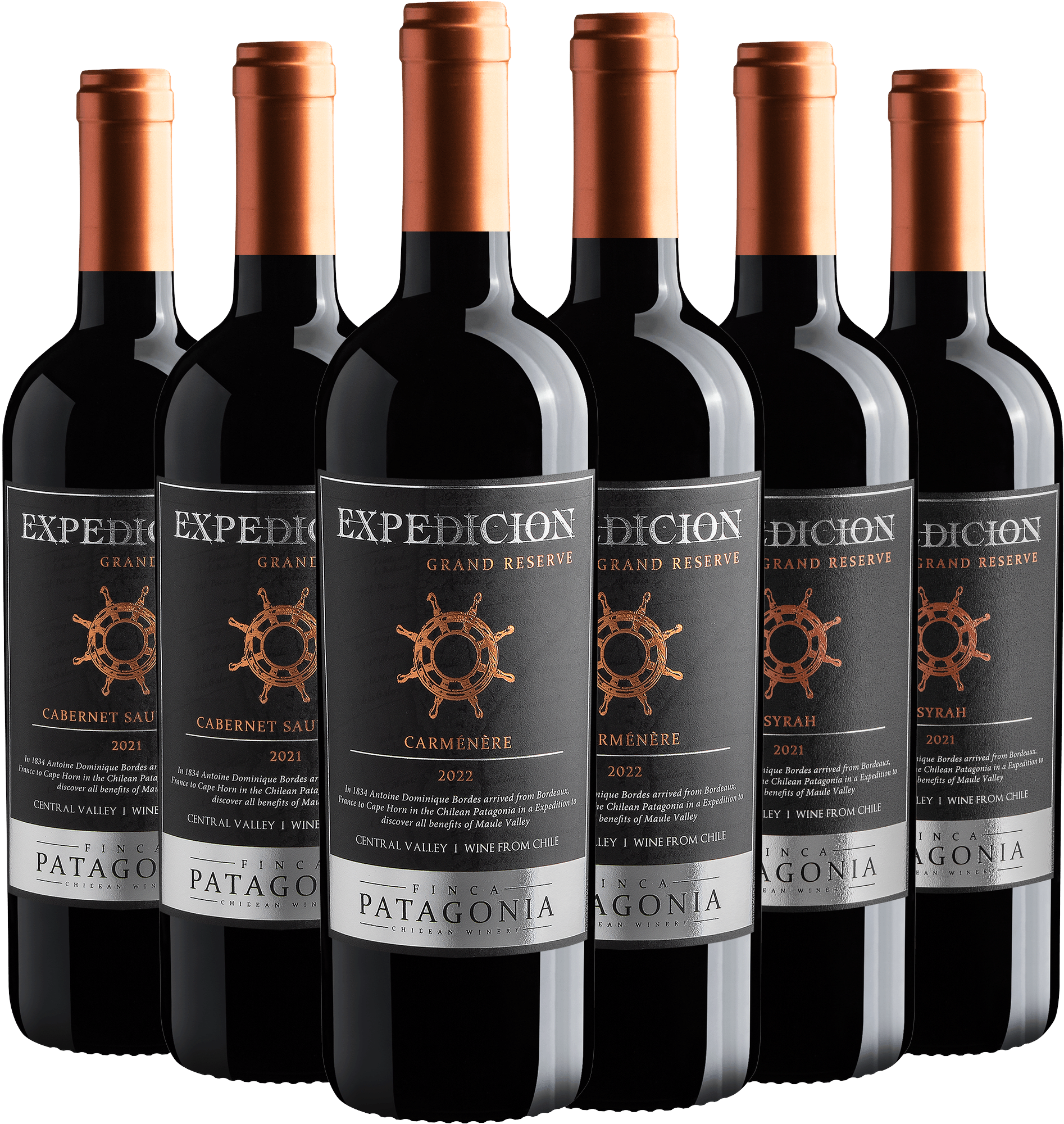 Kit Expedicion Grand Reserve: 2 Cabernet Sauvignon + 2 Carménère + 2 Syrah