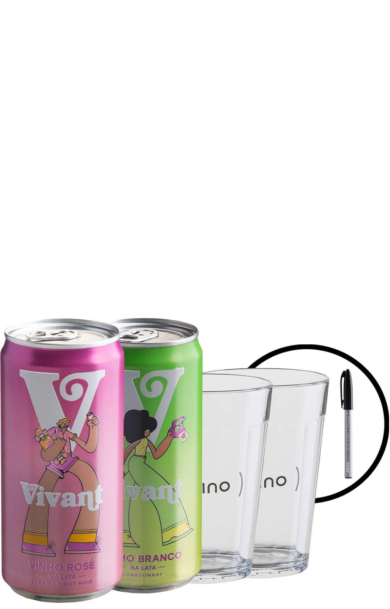 Duo Vivant - Vinho na Lata + 2 copos americanos e marca-taças
