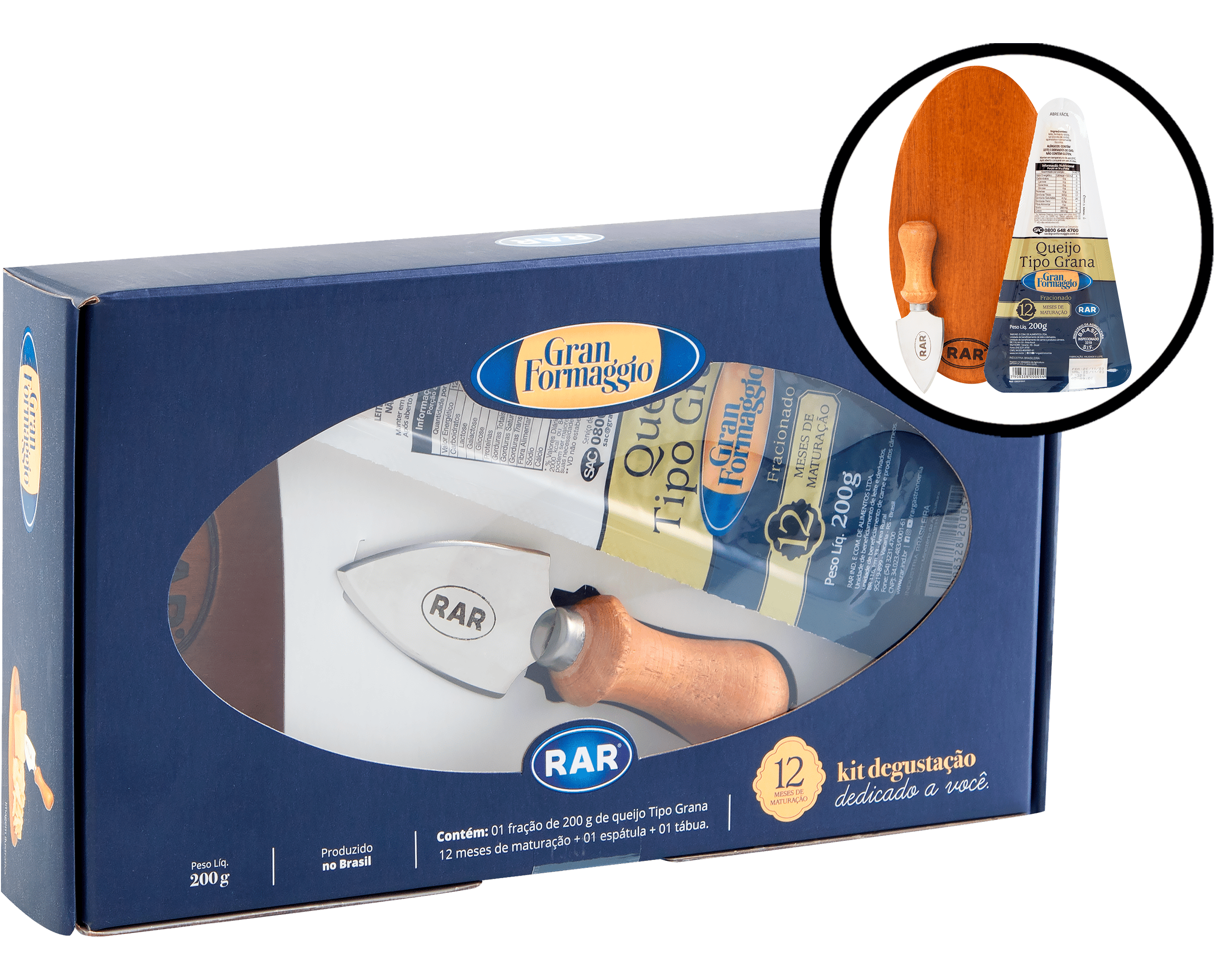 Kit 1 Queijo Tipo Grana Gran Formaggio Fracionado RAR 200g + 1 Espátula + 1 Tábua