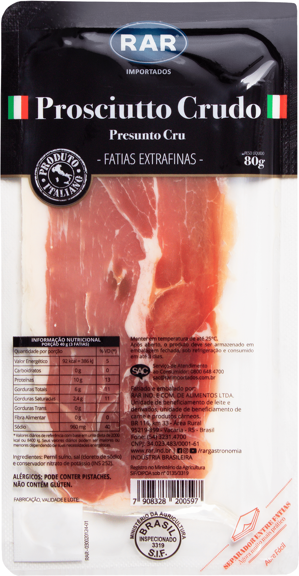 Prosciutto Crudo - Presunto Cru Fatiado Interfolhado RAR - 80g