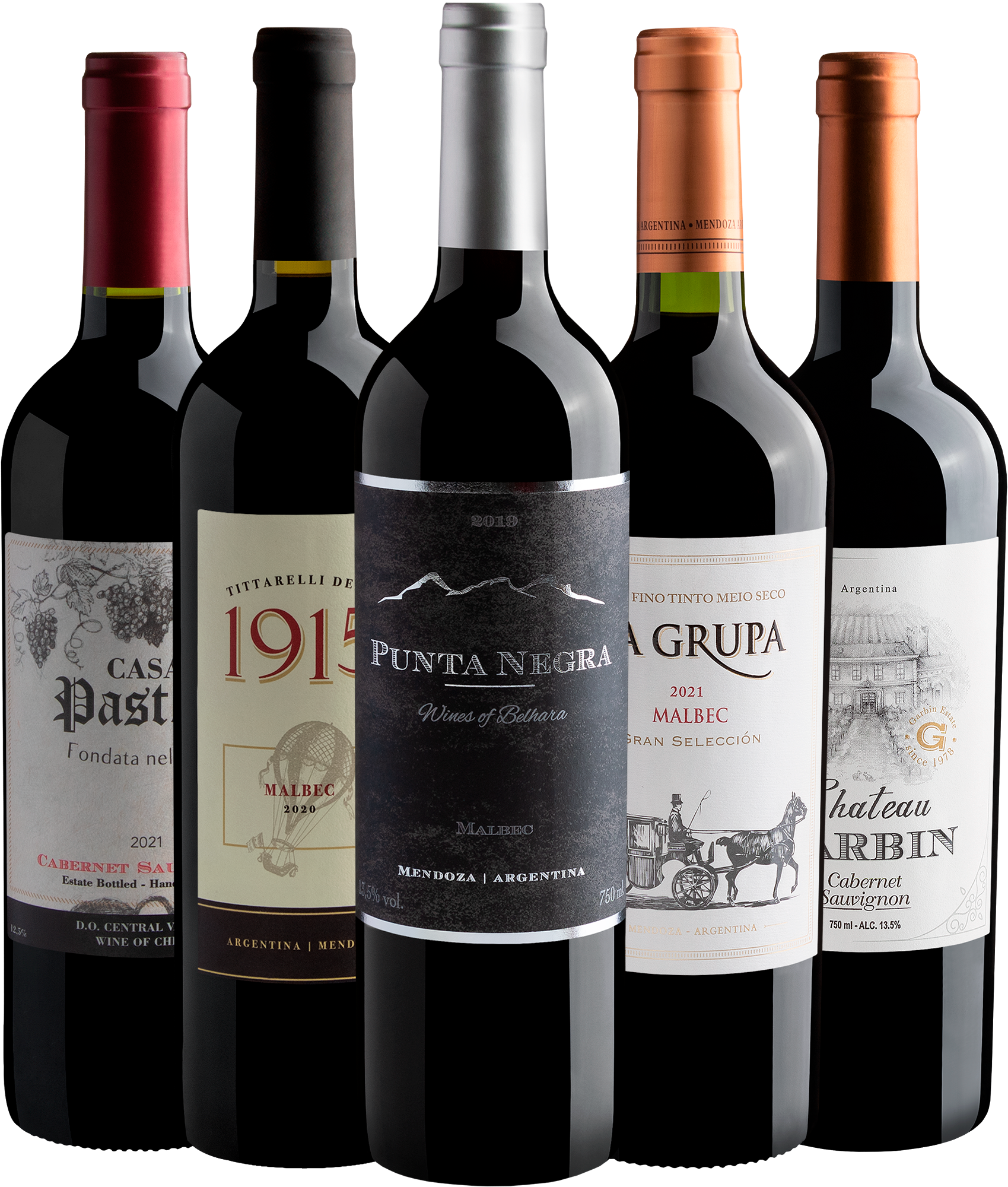 Kit 3 Malbec + 2 Cabernet Sauvignon por R$31,90 cada garrafa