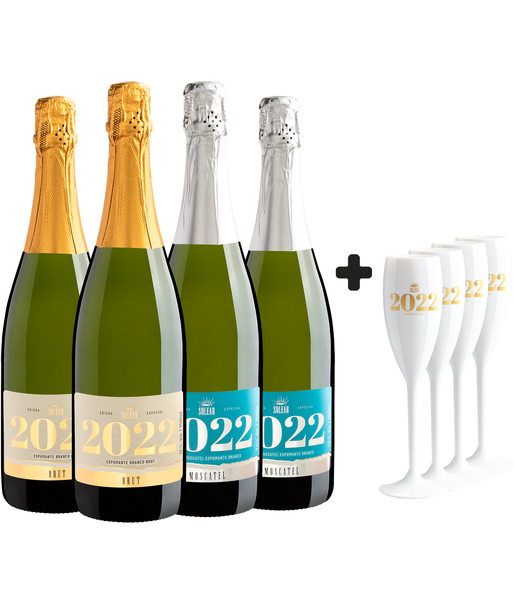 Kit Solear Edição Especial: 2 Espumante Brut + 2 Moscatel Branco + 4 Taças