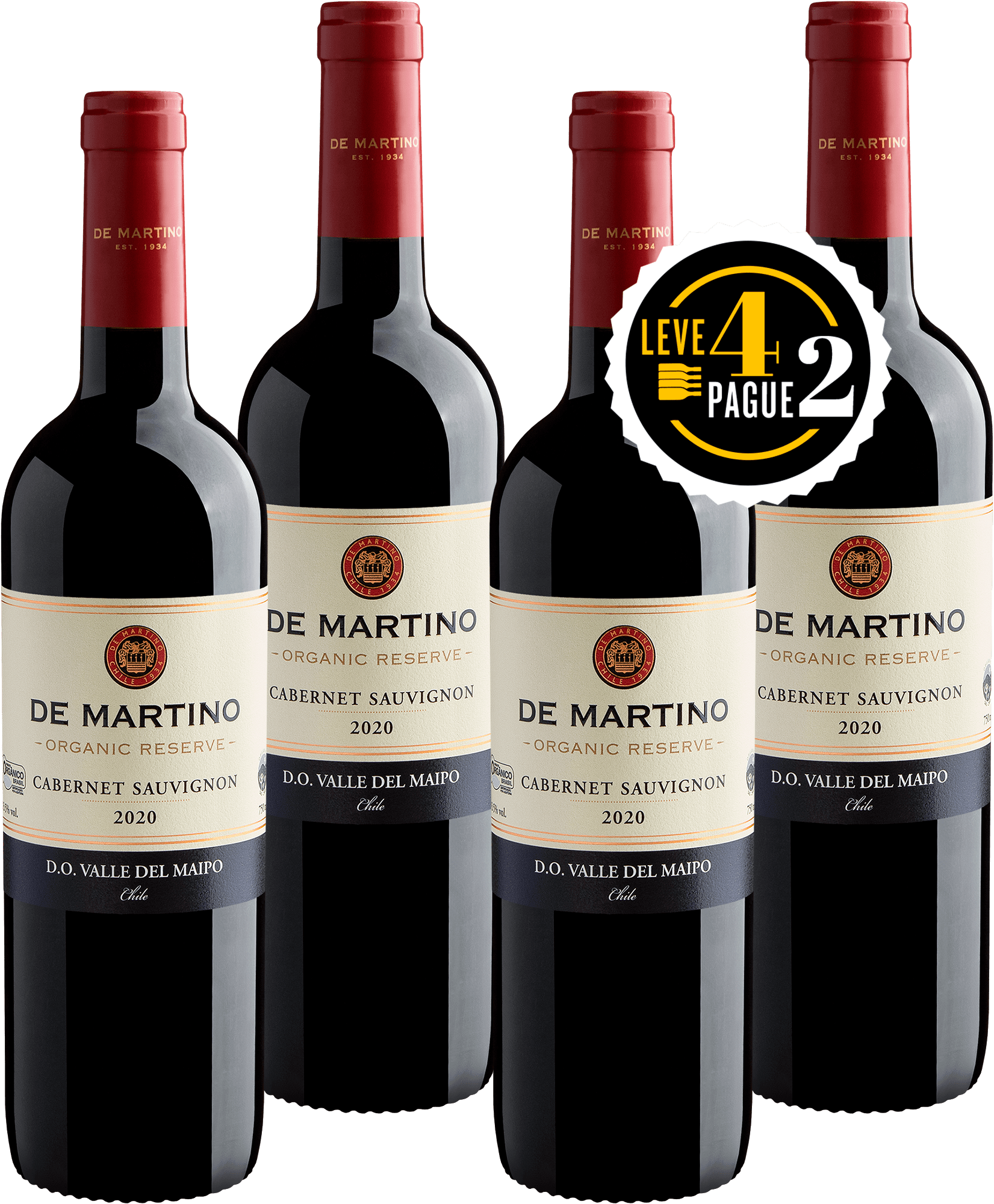 Leve 4, Pague 2: De Martino Organic Reserve Cabernet Sauvignon Valle del Maipo D.O. 2020 | R$67,45 por garrafa