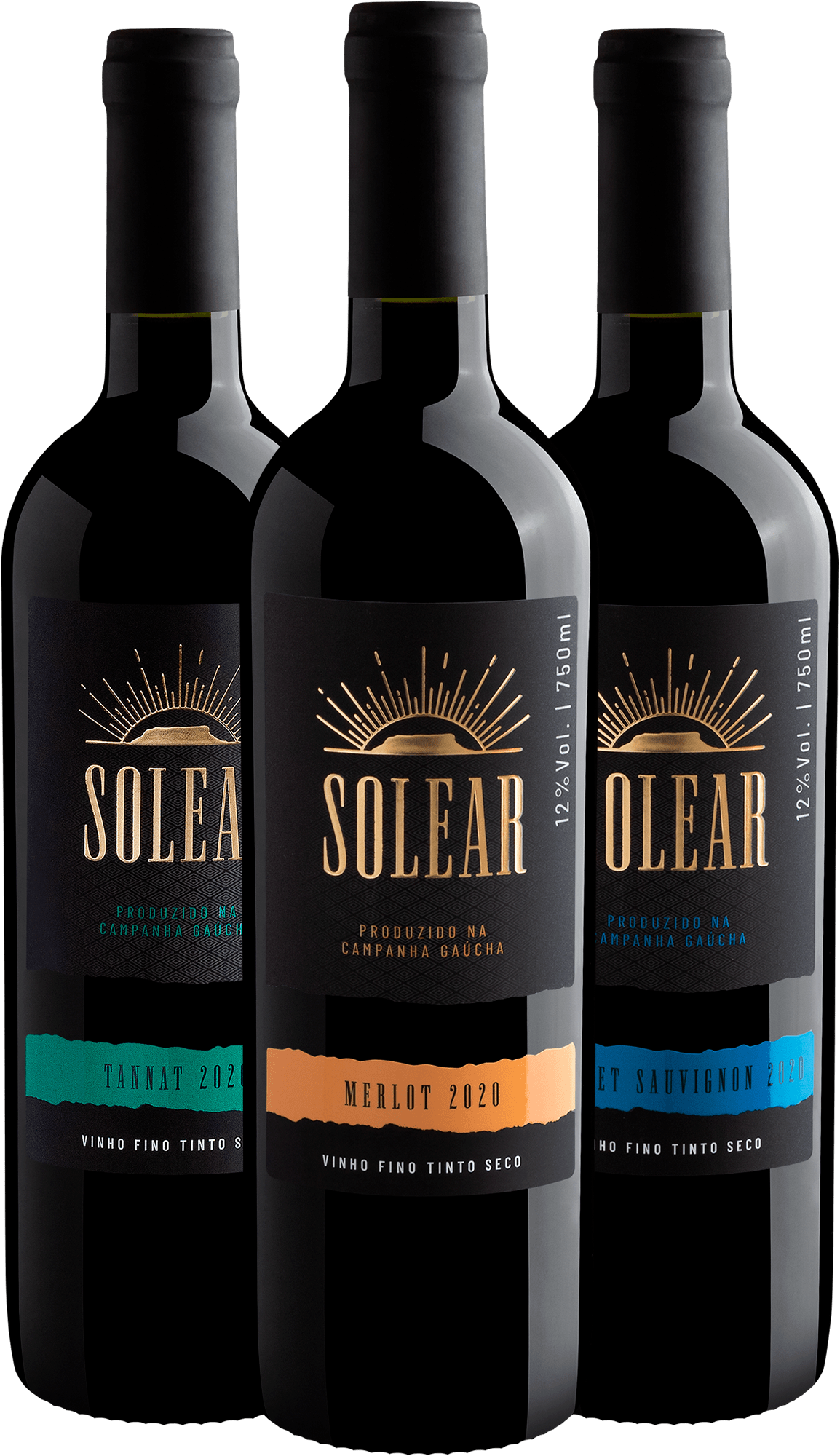 Kit Solear: 1 Merlot + 1 Cabernet Sauvignon + 1 Tannat por R$34,90 cada garrafa