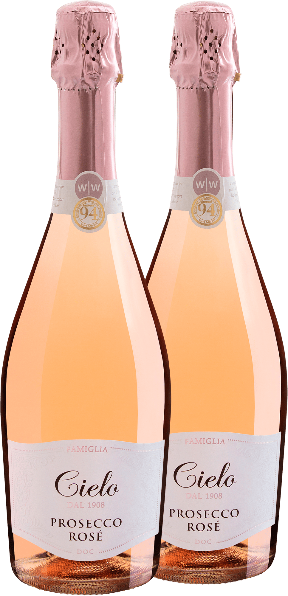 Kit 2 Famiglia Cielo dal 1908 Rosé Prosecco DOC por R$74,90 cada garrafa