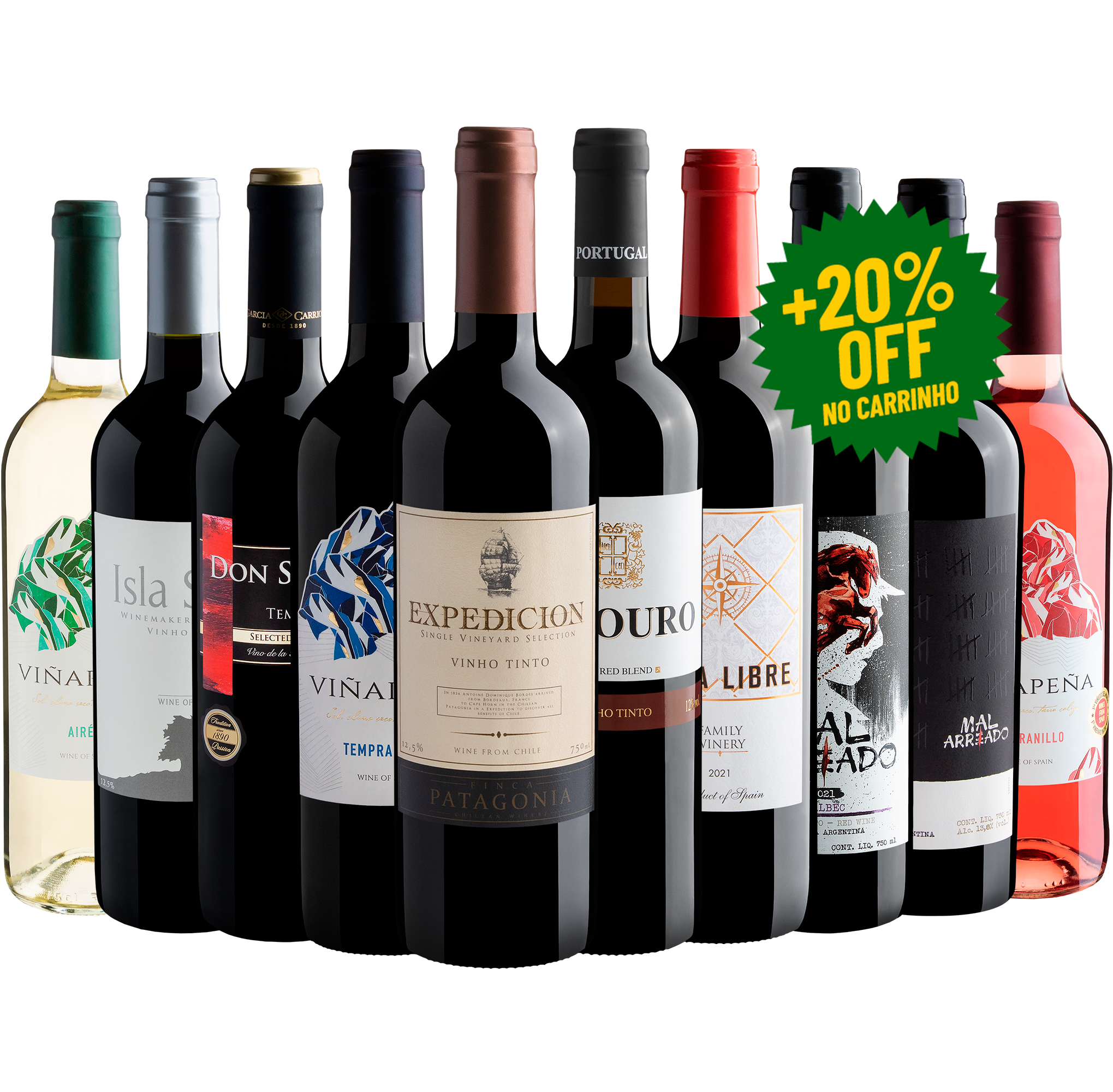 Kit 10 Vinhos por R$29,52 cada garrafa com 20% OFF