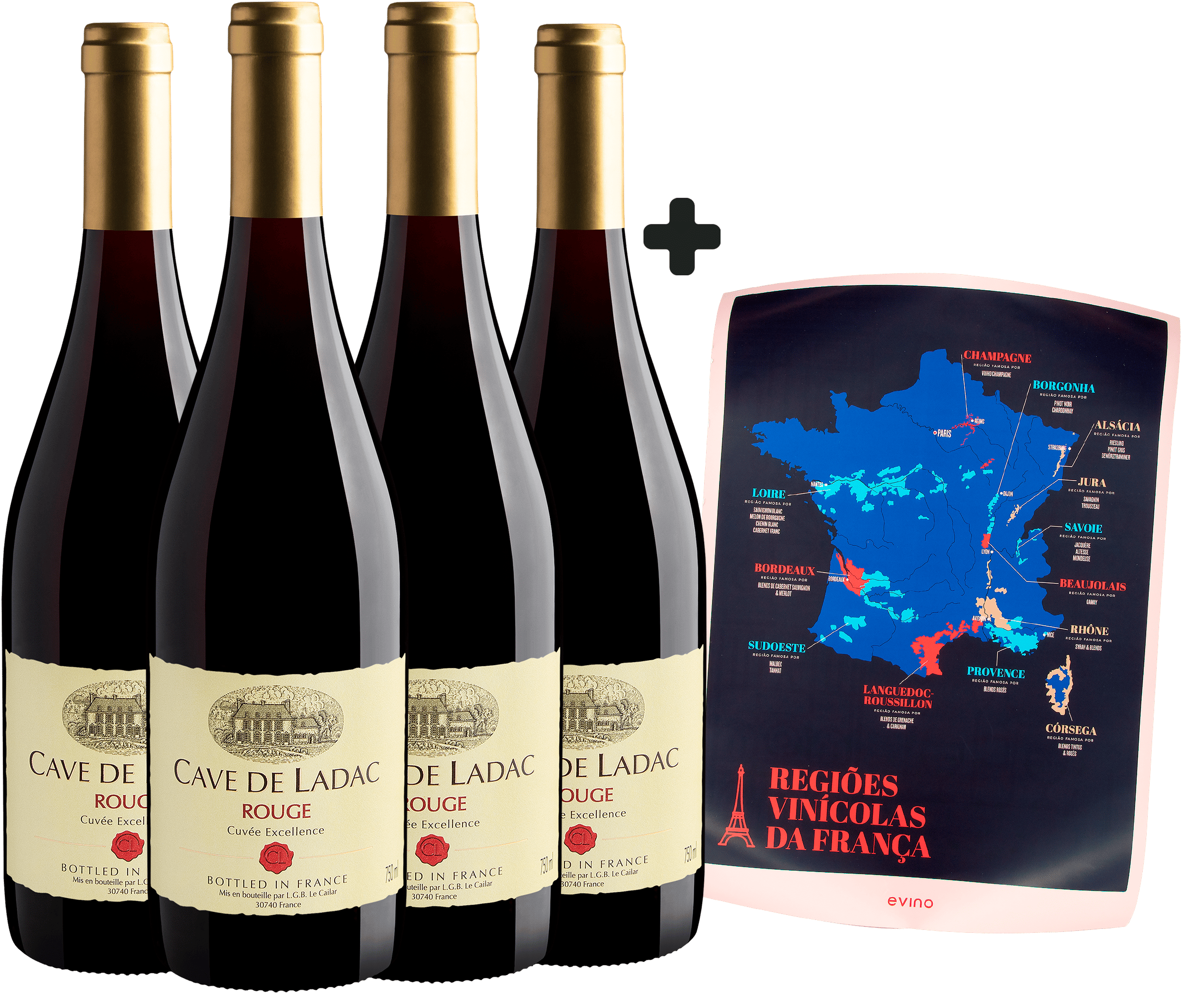 Kit 4 Cave de Ladac Rouge Cuvée Excellence + Pôster Regiões Vinícolas da França
