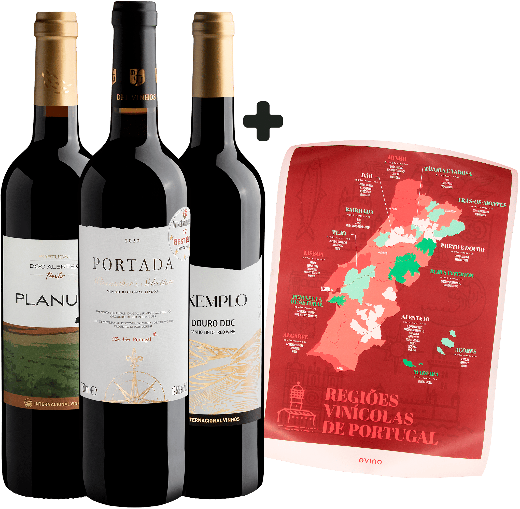 Kit 3 Vinhos Portugueses + Pôster Regiões Vinícolas de Portugal
