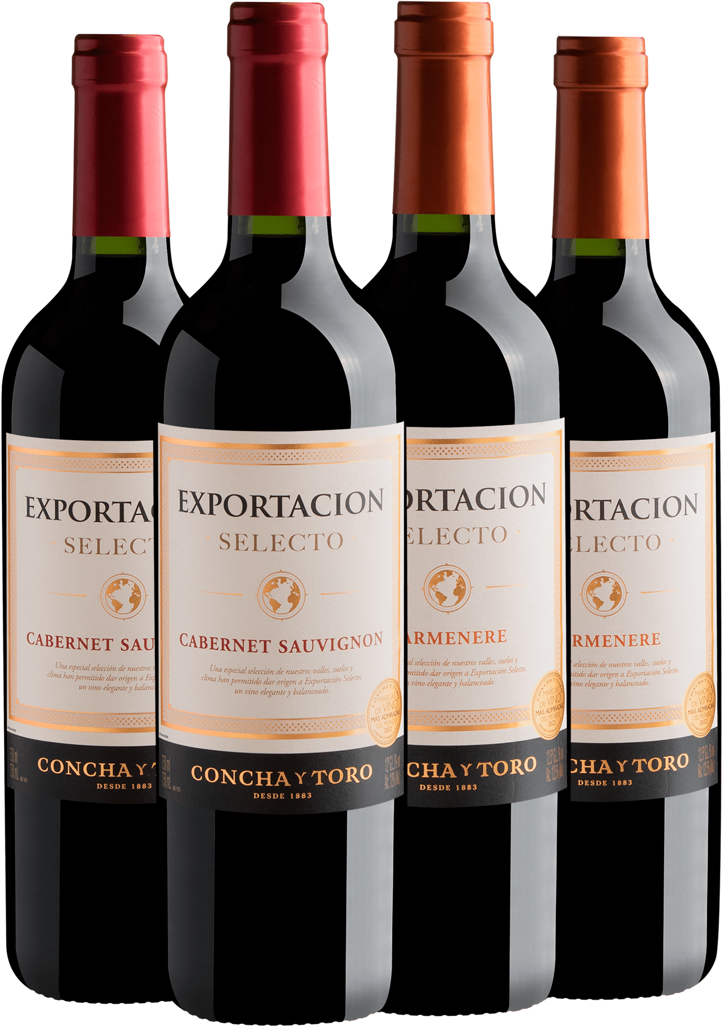 Kit Concha y Toro Exportacion Selecto: 2 Cabernet Sauvignon + 2 Carménère por R$39,90 cada garrafa 
