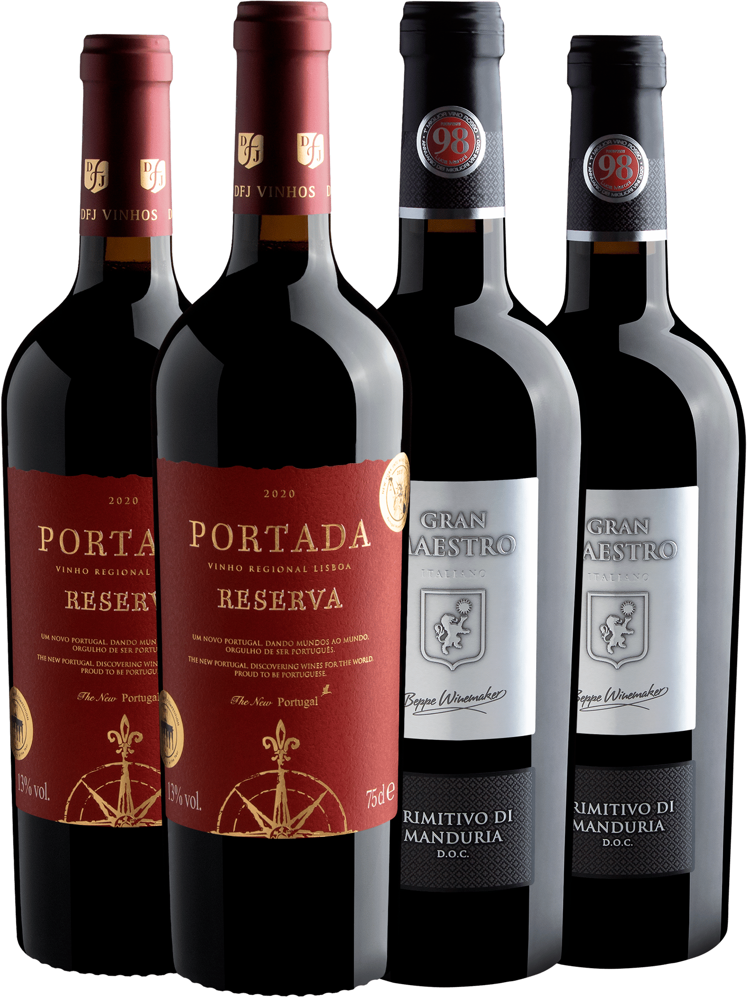 Kit 2 Portada Reserva +  2 Gran Maestro Primitivo di Manduria por R$74,90 cada garrafa