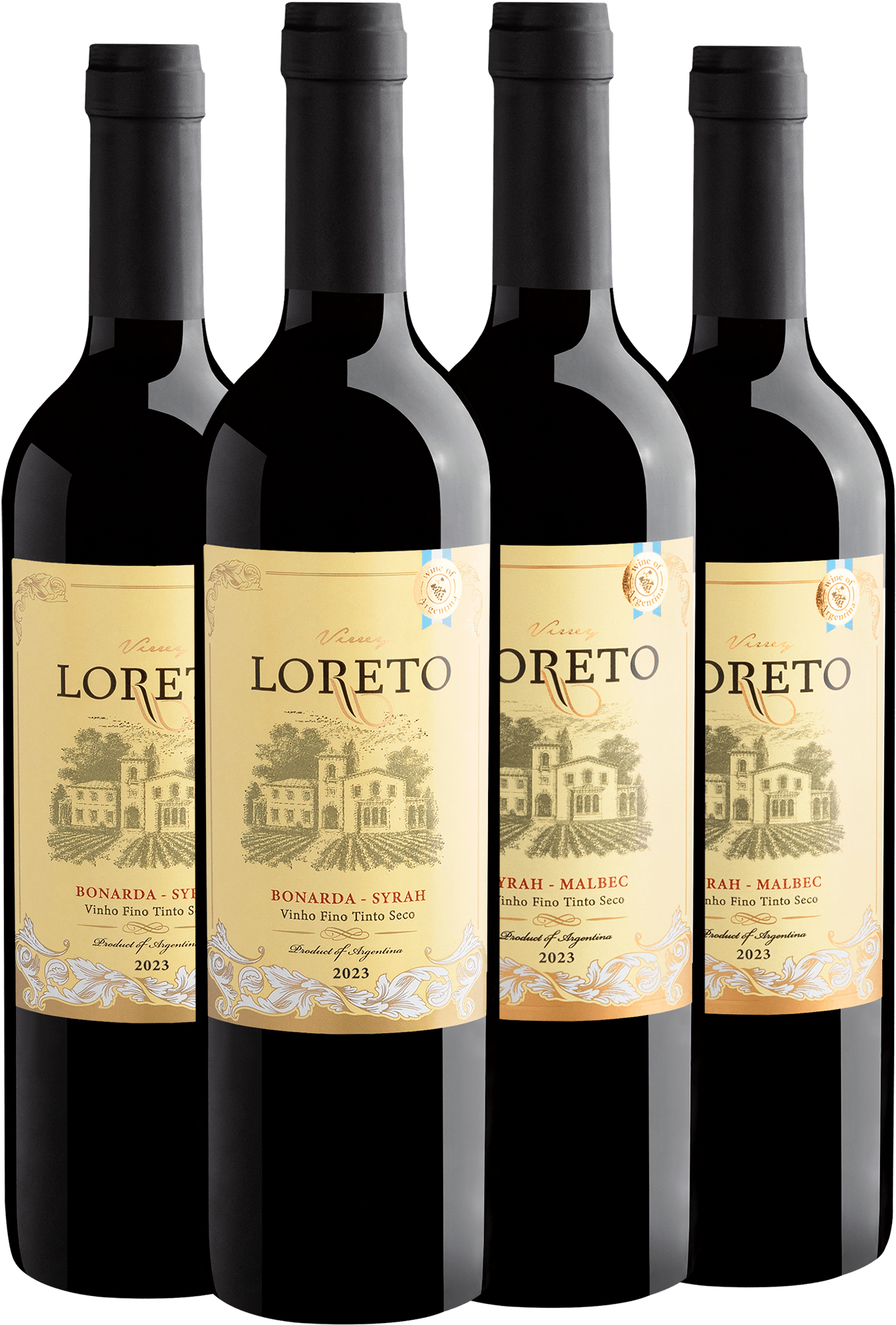 Kit Virrey Loreto: 2 Bonarda-Syrah + 2 Syrah-Malbec por R$29,90 cada garrafa