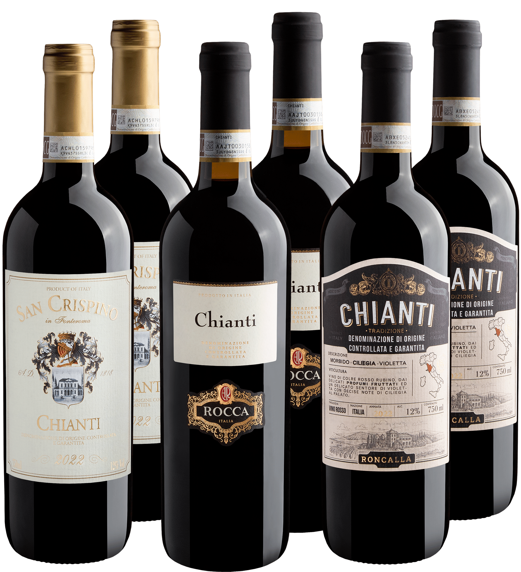 Kit Chianti: 2 Rocca + 2 San Crispino + 2 Roncalla por R$44,90 cada garrafa