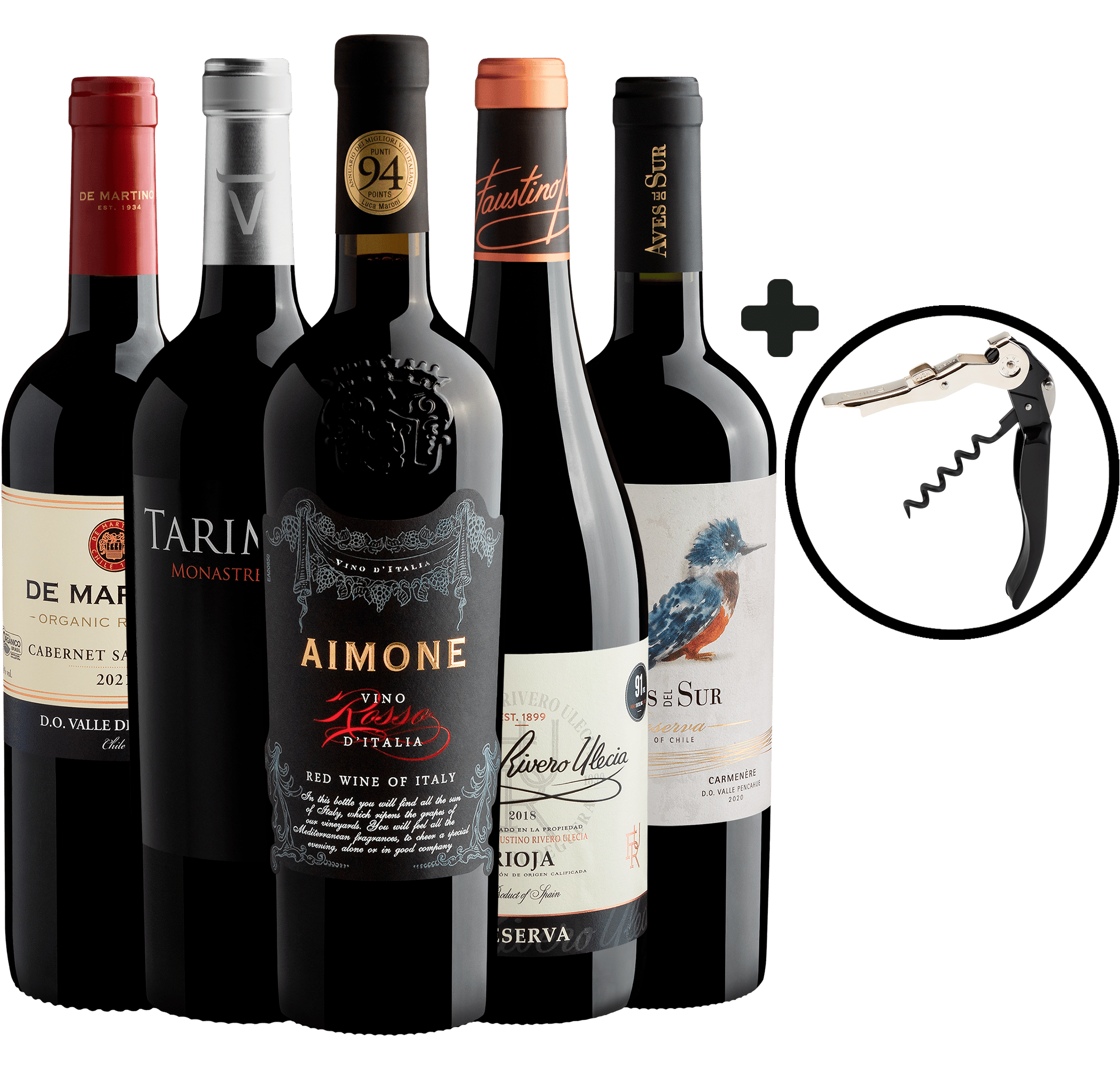 Kit 5 Vinhos Premium + Saca-Rolhas 