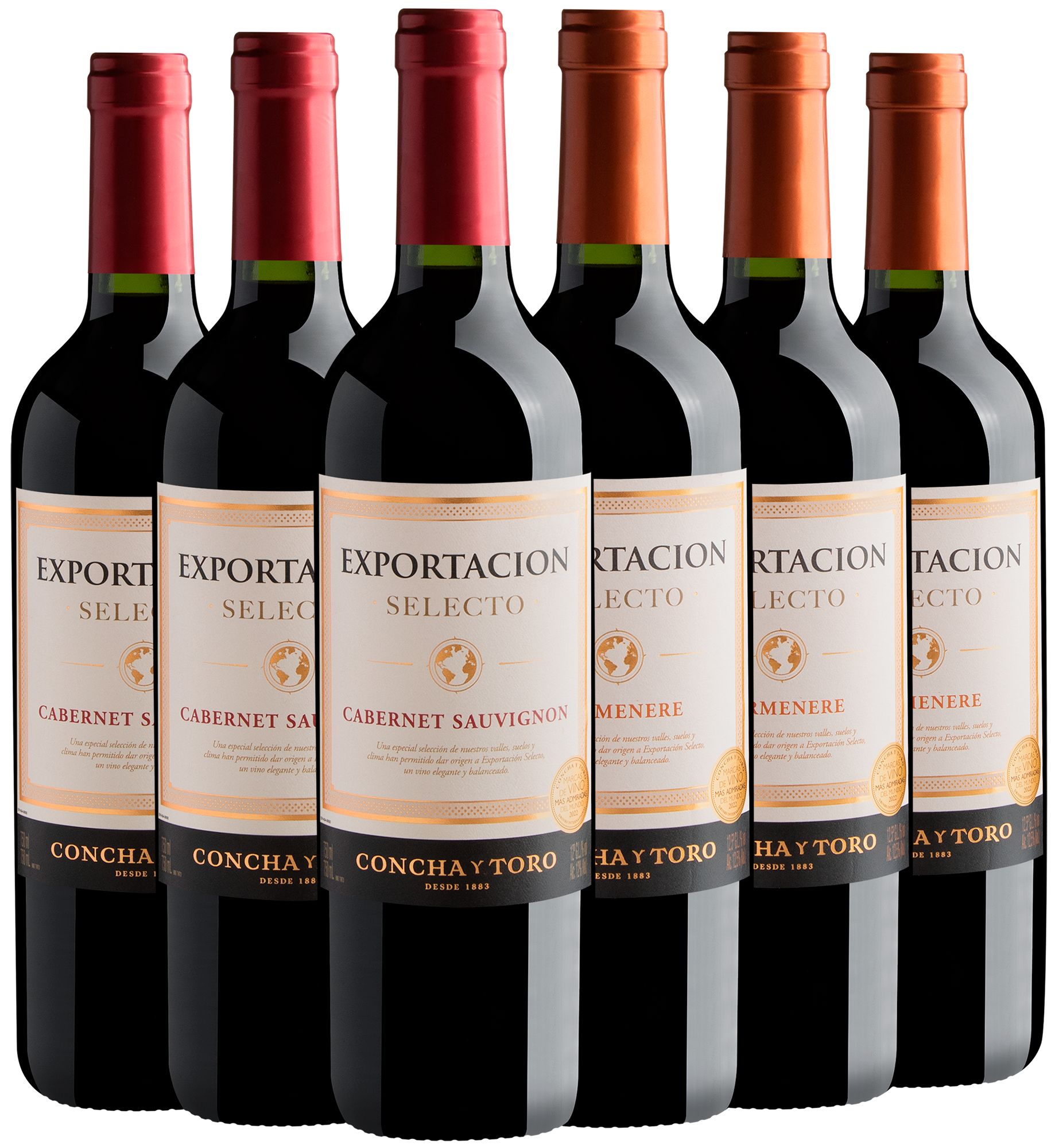Kit Concha y Toro Exportacion Selecto: 3 Cabernet Sauvignon + 3 Carménère por R$29,90 cada garrafa