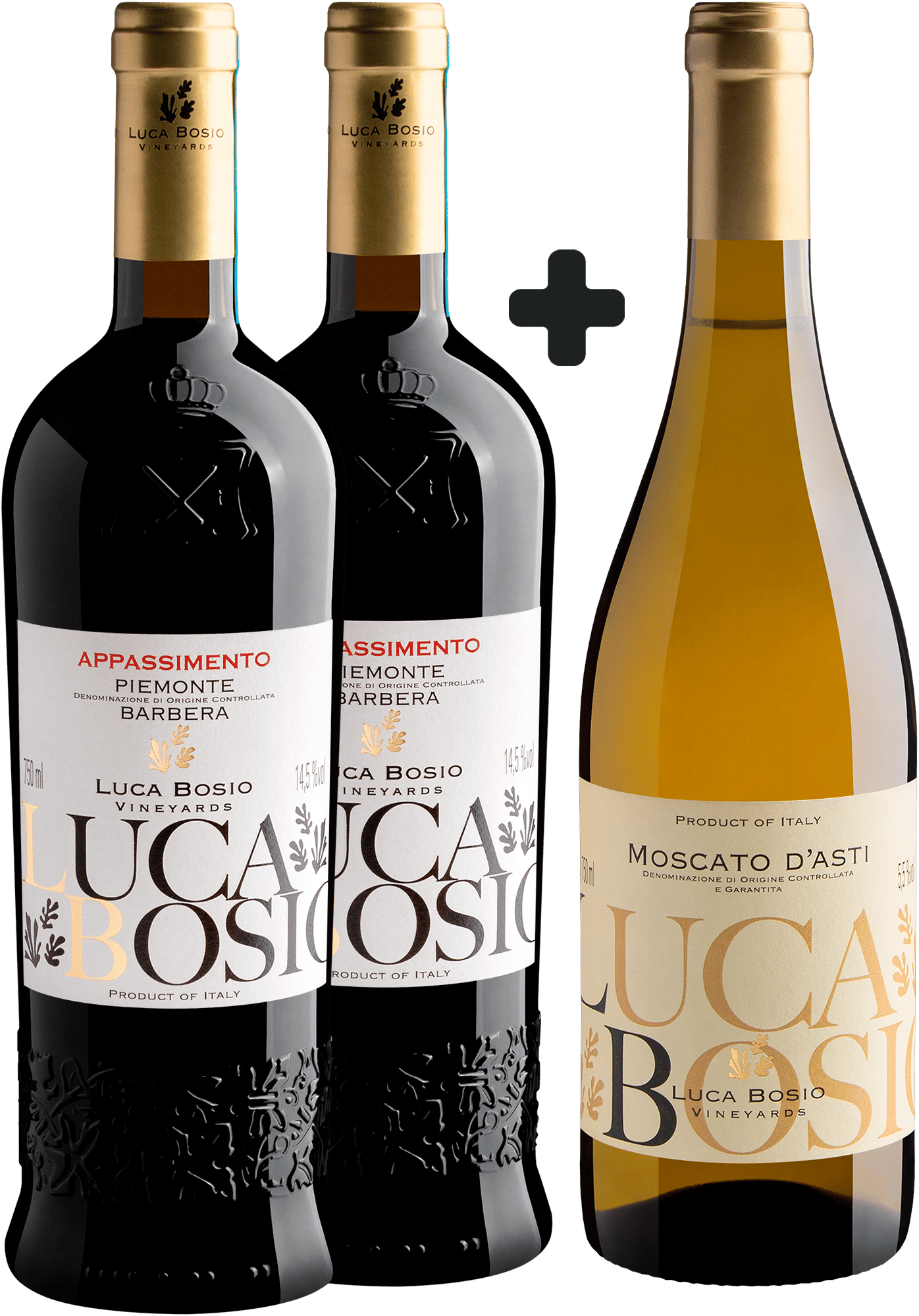 Kit Luca Bosio: 2 Appassimento Barbera Piemonte DOC + 1 Moscato d'Asti DOCG Grátis 