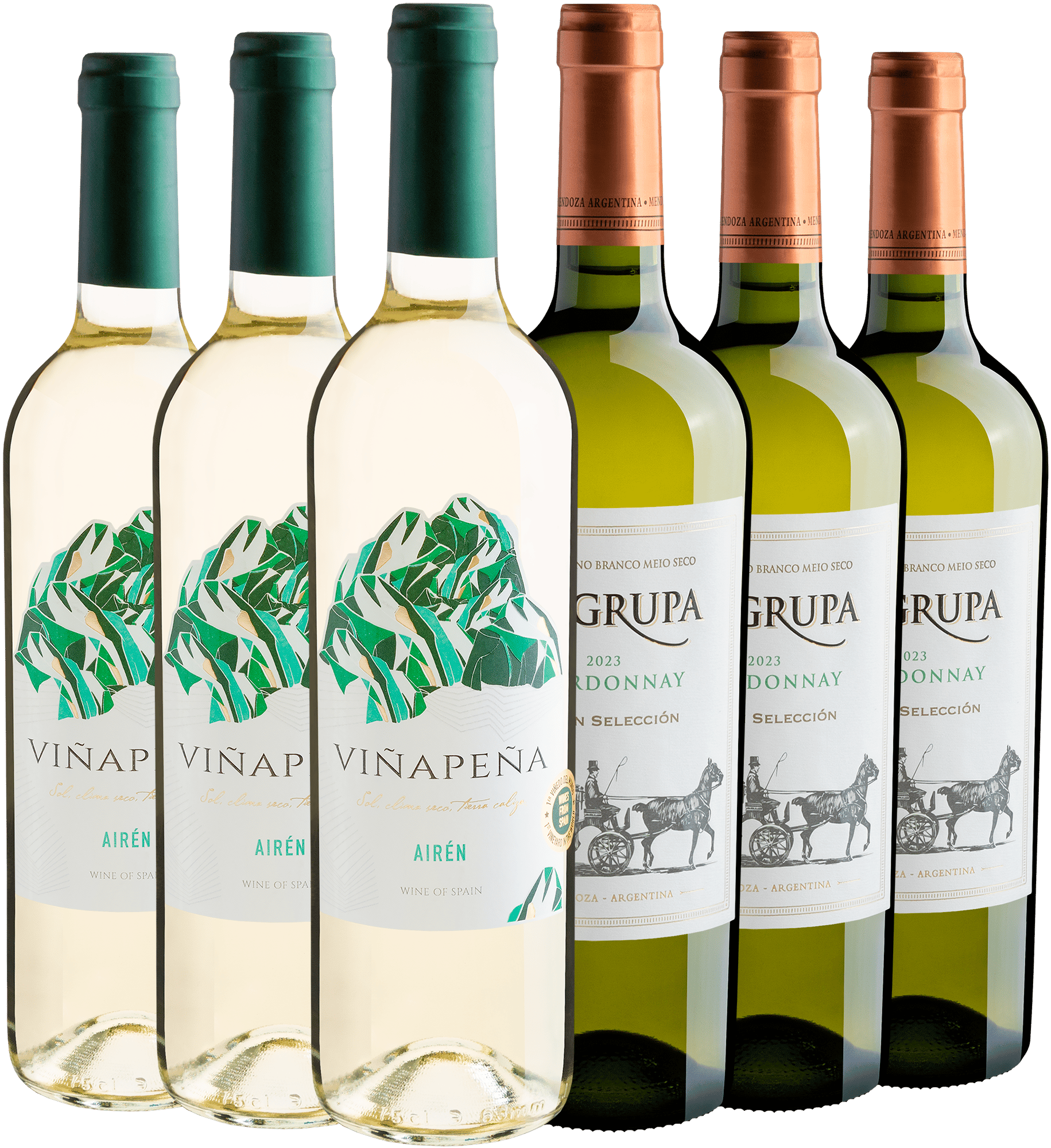Kit 3 Viñapeña Airén + 3 La Grupa Chardonnay por R$21,90 cada garrafa