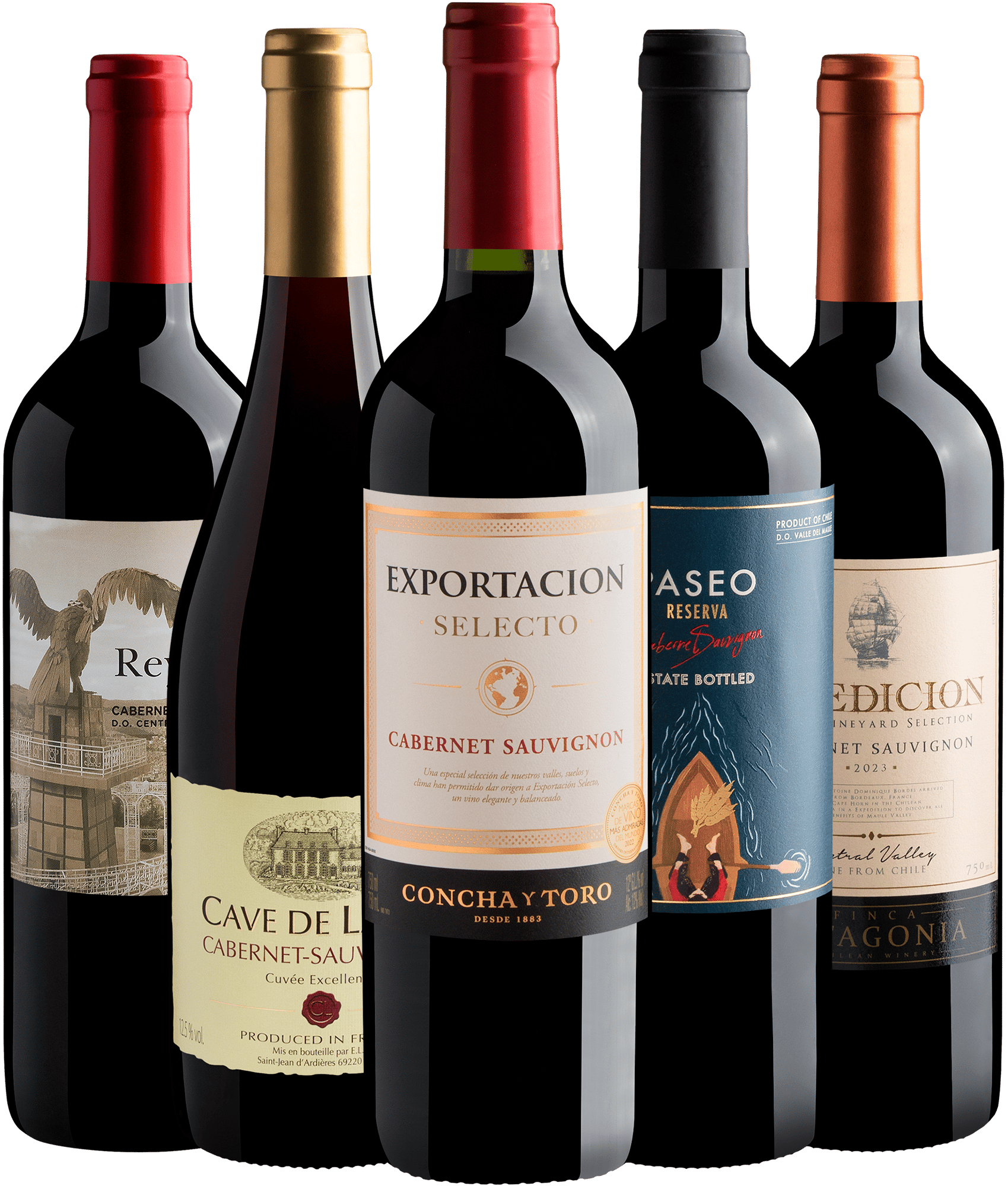 Kit 5 Cabernets Sauvignons por R$34,90 cada garrafa 