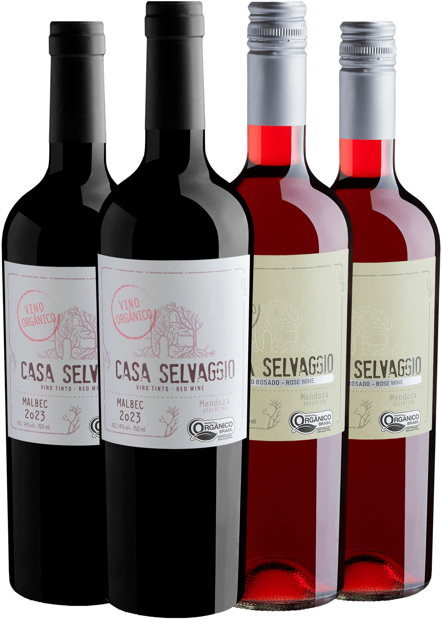 Kit Casa Selvaggio Vino Orgânico: 2 Malbec + 2 Criolla por R$74,90 cada garrafa