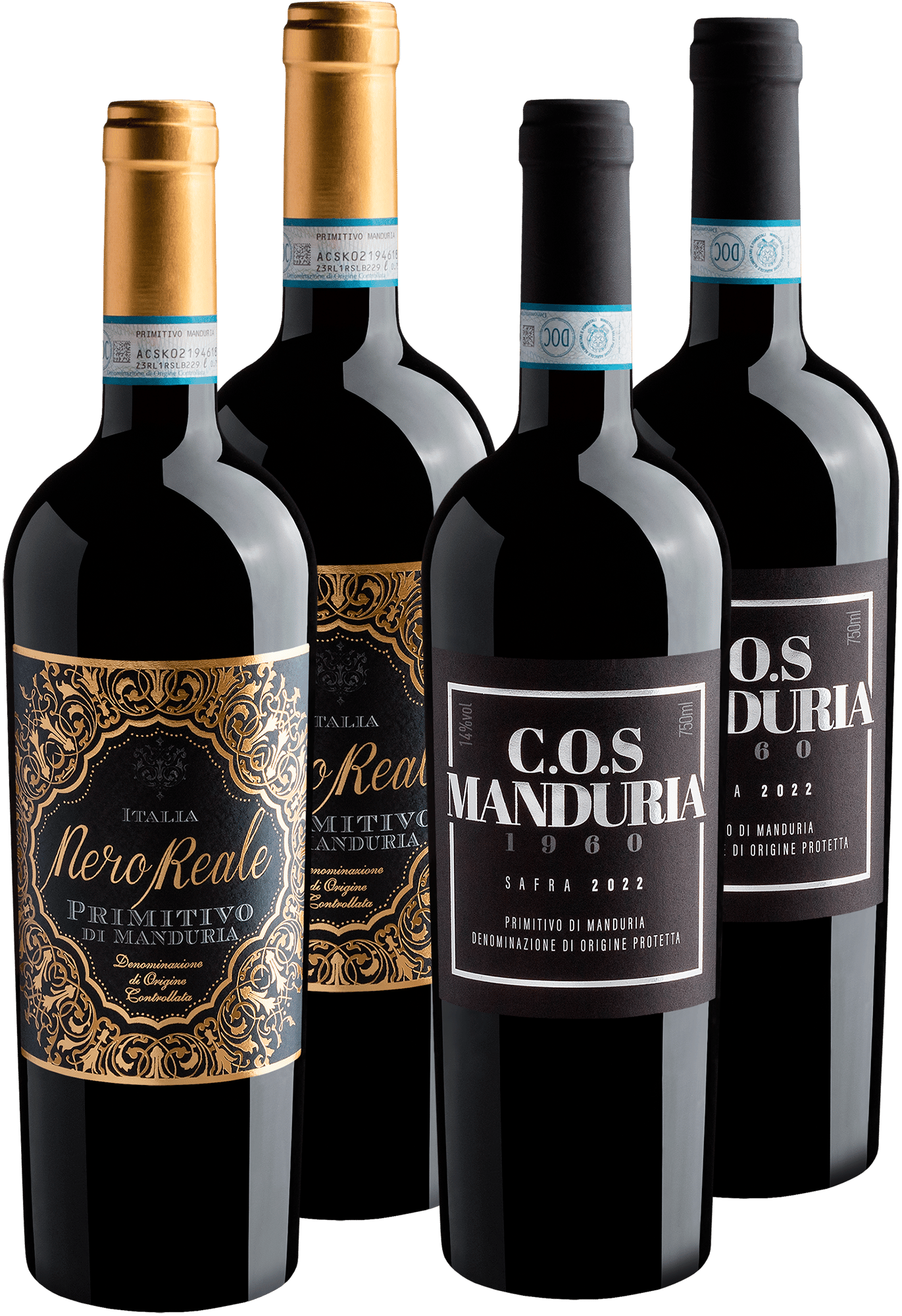 Kit Primitivo di Manduria | 2 Nero Reale + 2 C.O.S 1960 por R$99,90 cada garrafa 