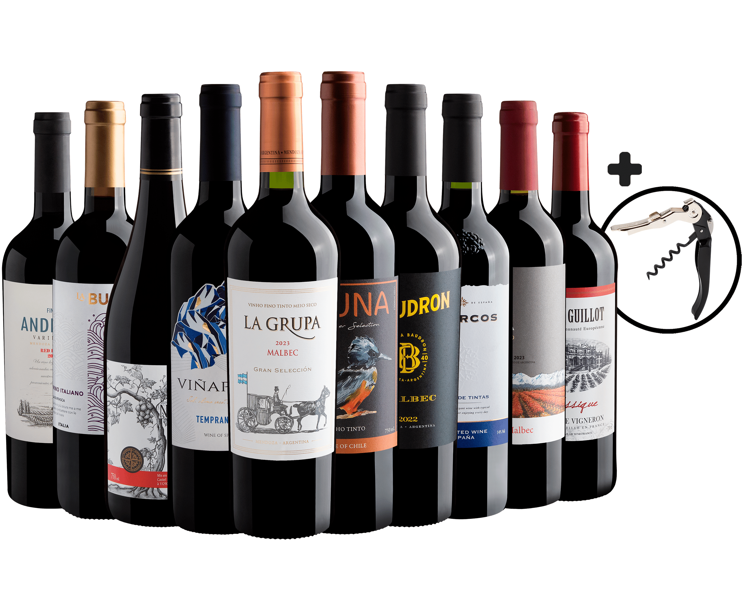 Kit 10 Vinhos por R$27,90 cada garrafa + Saca-Rolhas Grátis 