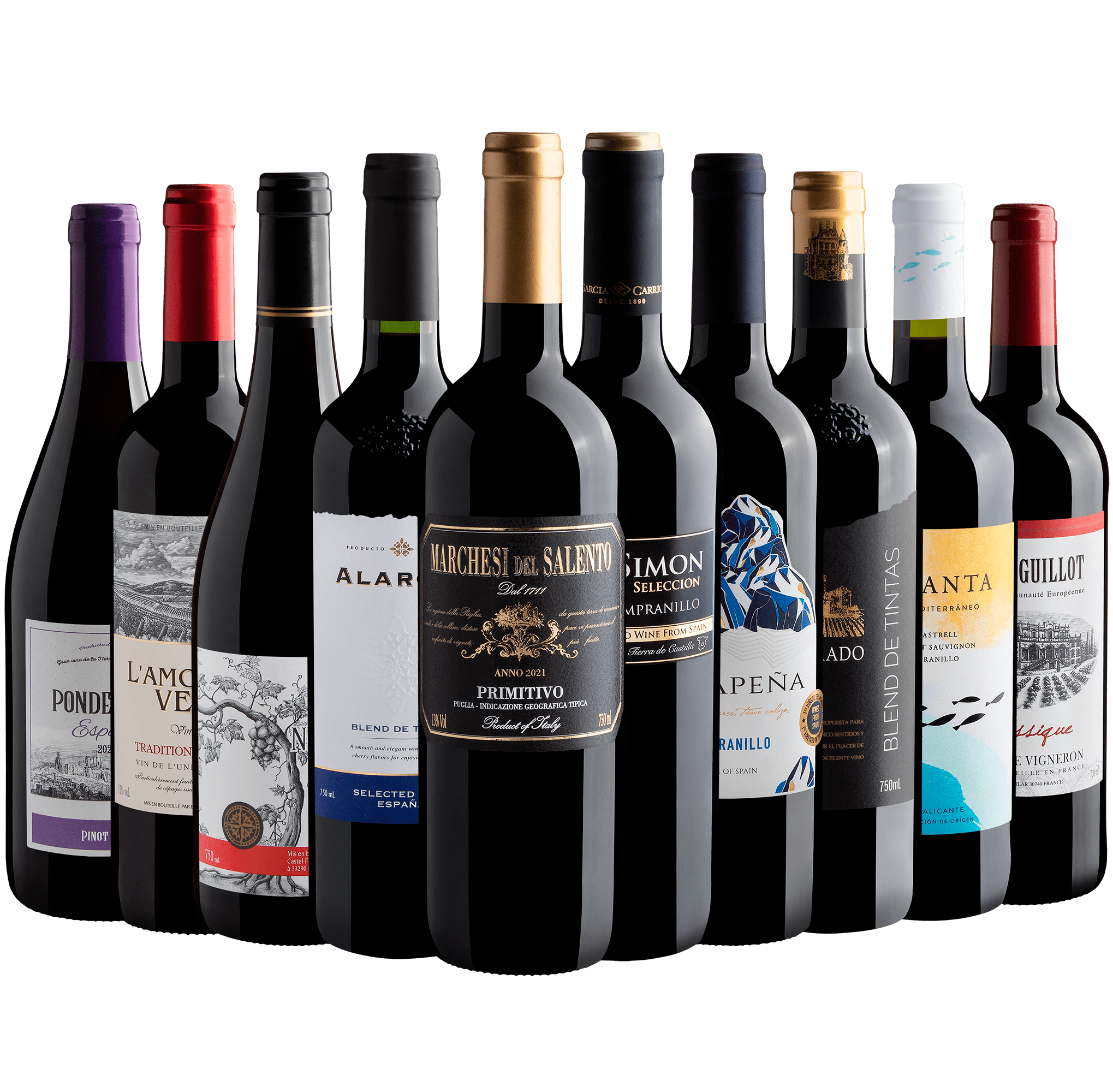 Kit 10 Vinhos do Velho Mundo com Primitivo da Puglia por R$29,90 cada garrafa